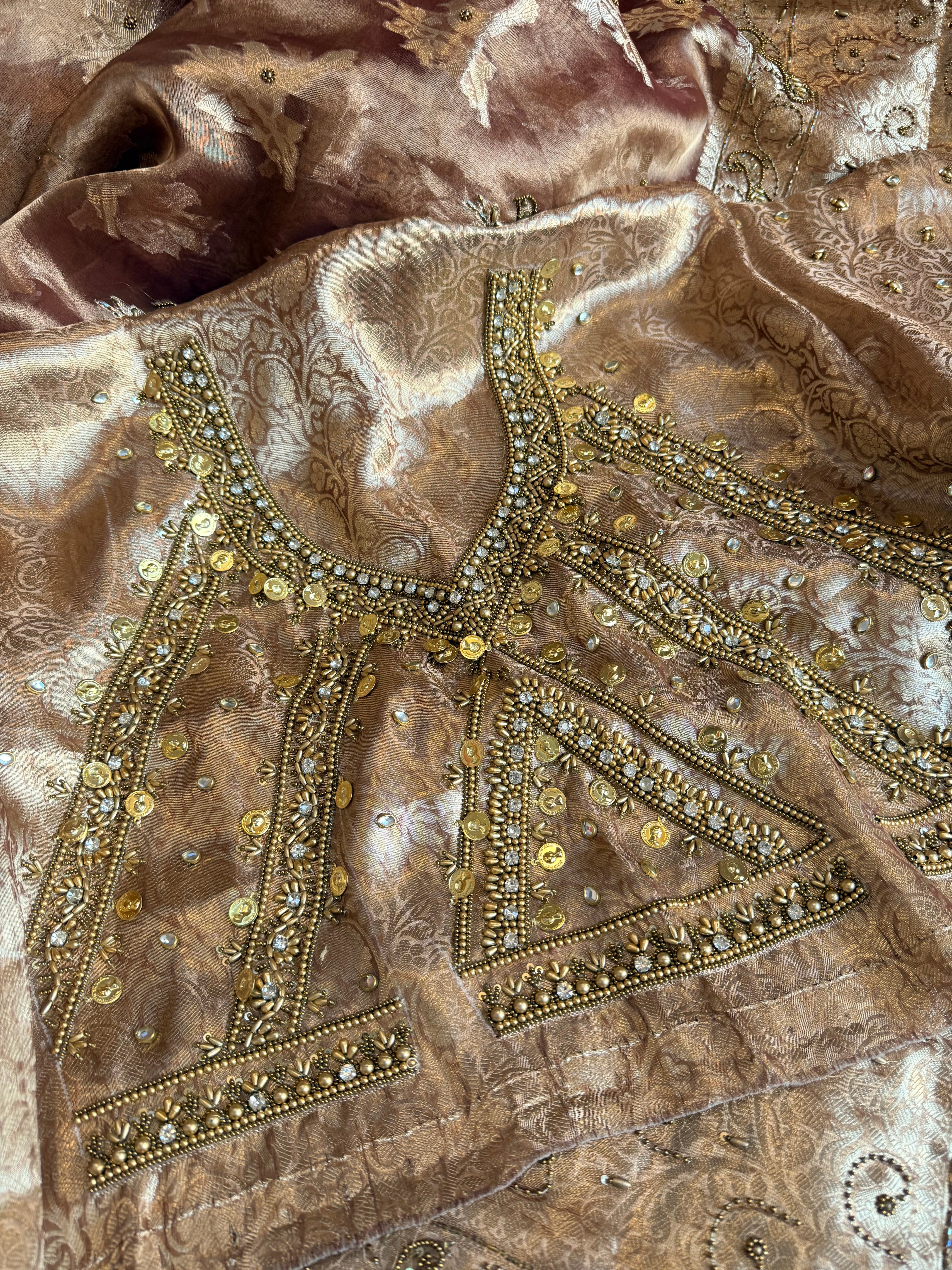 Chiraiya wali saree - Choco brown tissue silk figure motif weaving and hand embroidered saree
