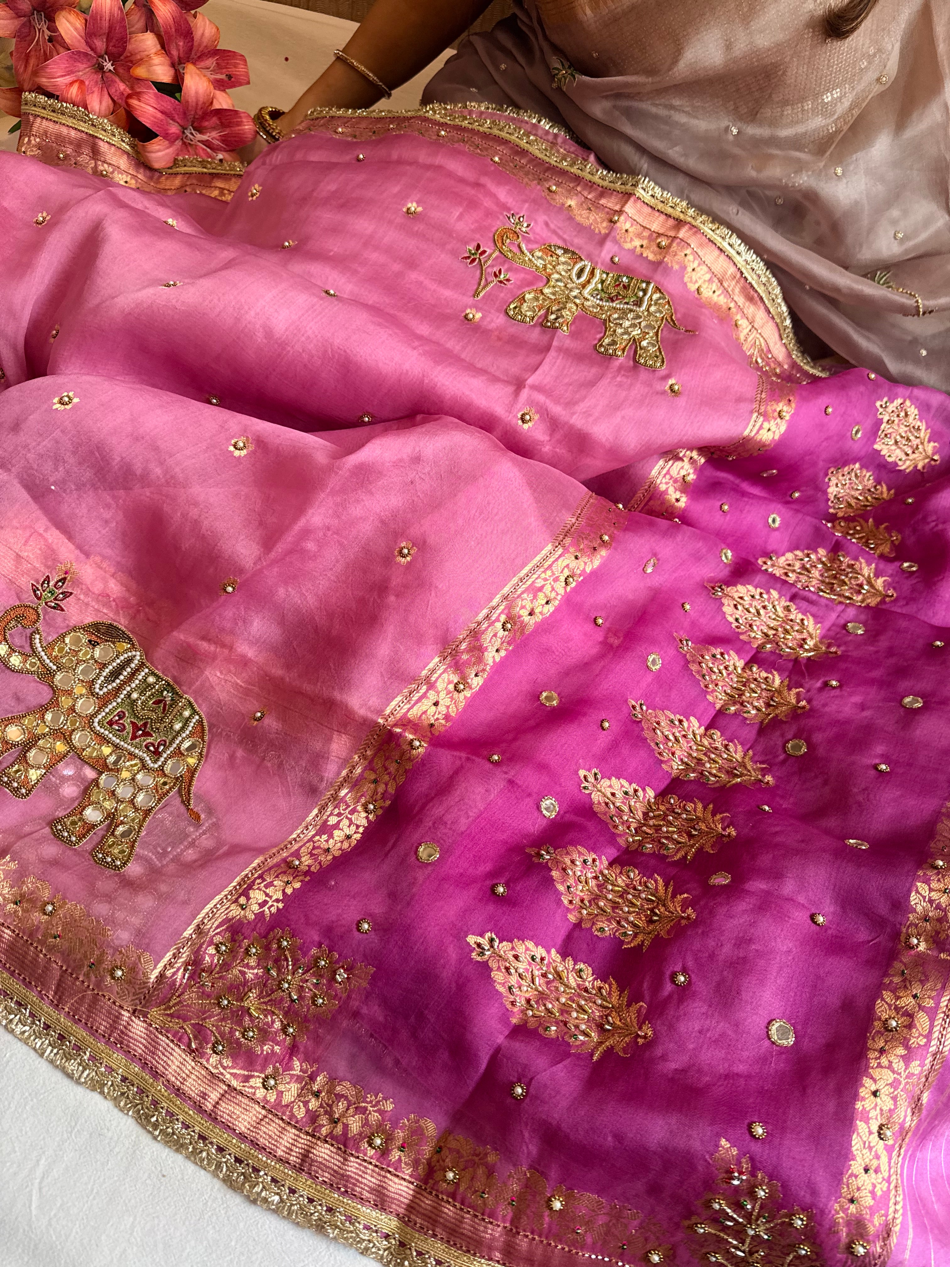 Tyohaar edit - Chap dye kora silk elephant motif hand embroidered saree