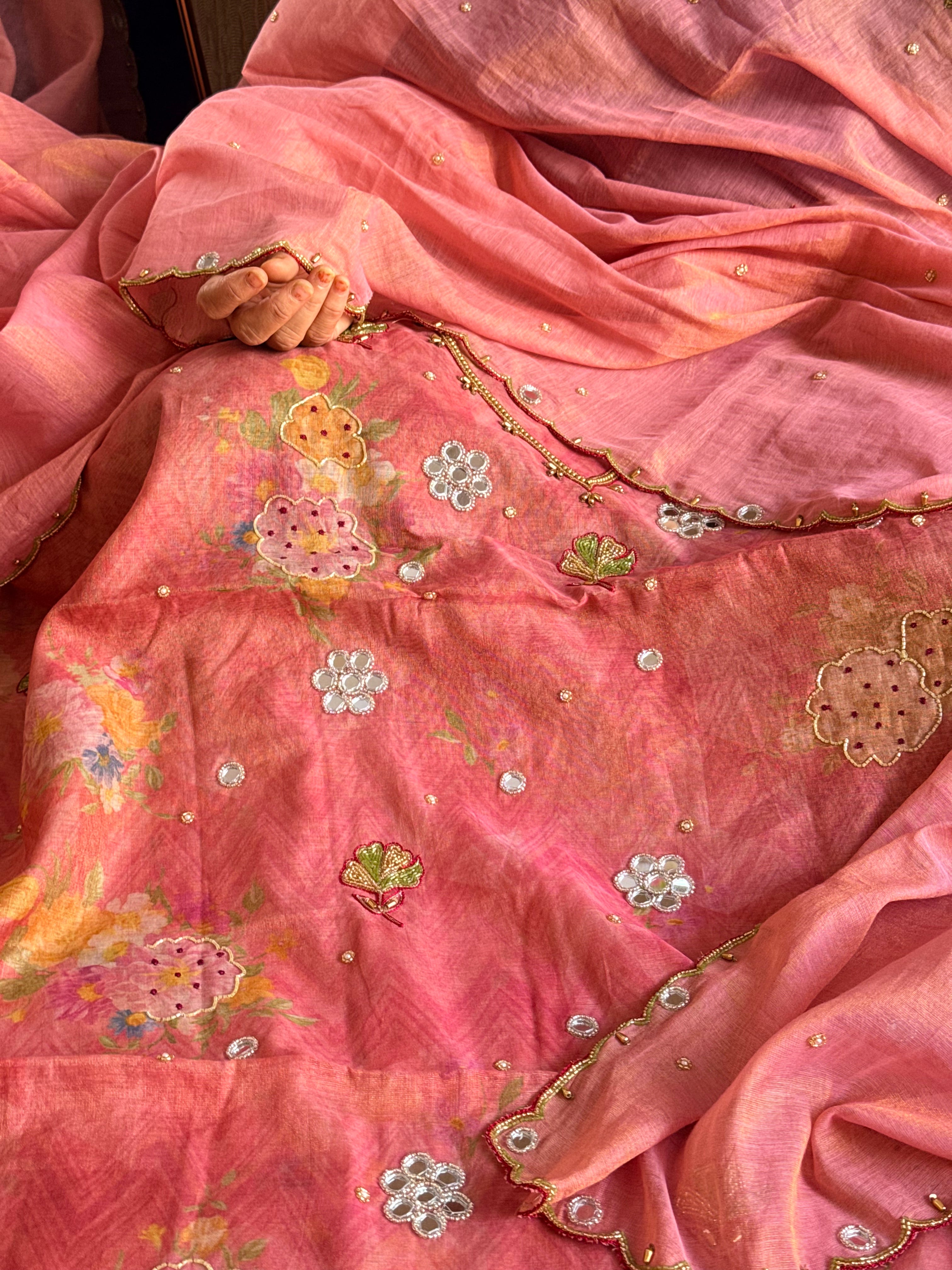 Patola weaving hand embroidered mul cotton tissue suit sets