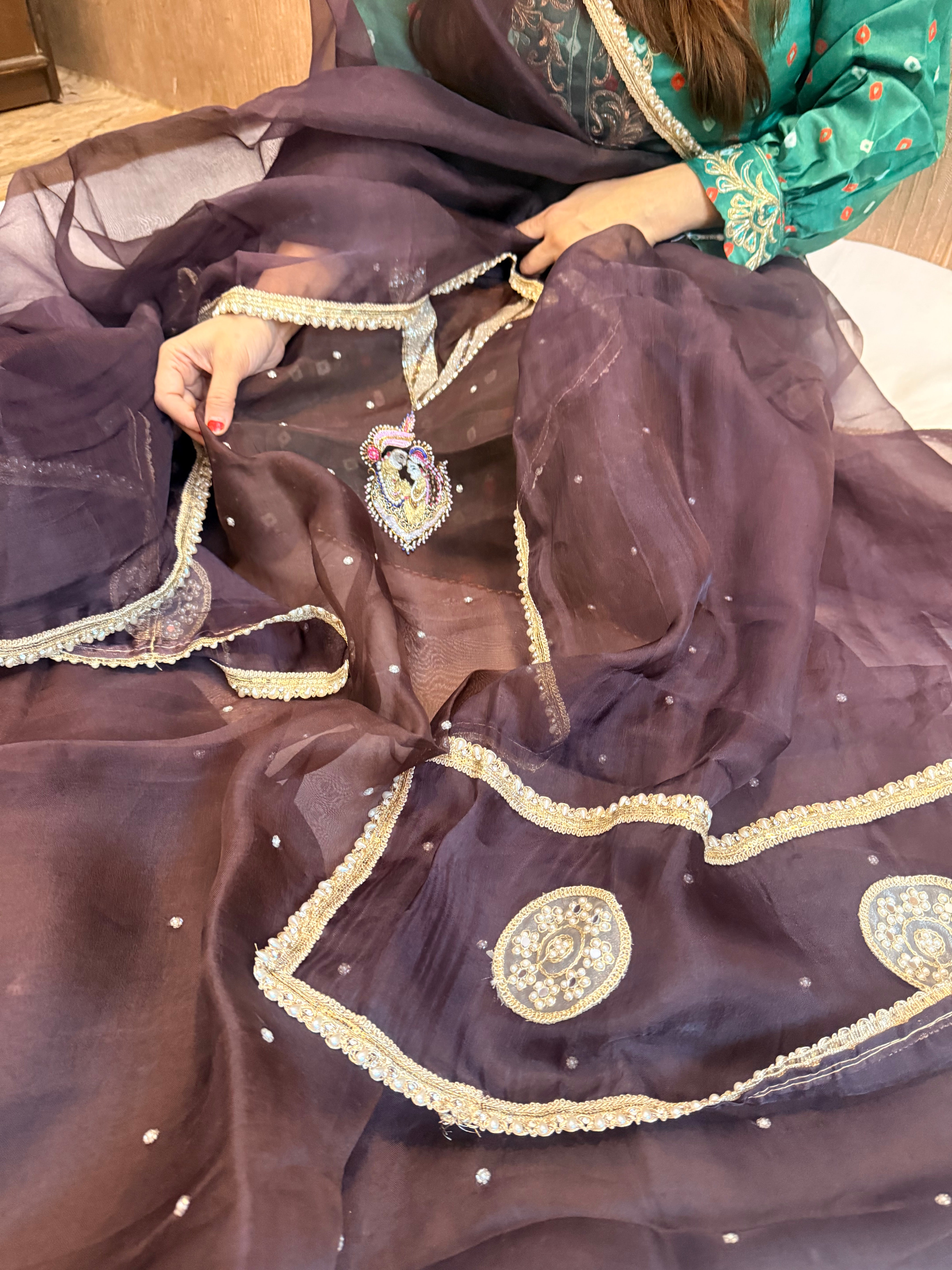 Chocolate brown kora silk gotapatti hand embroidered suit set