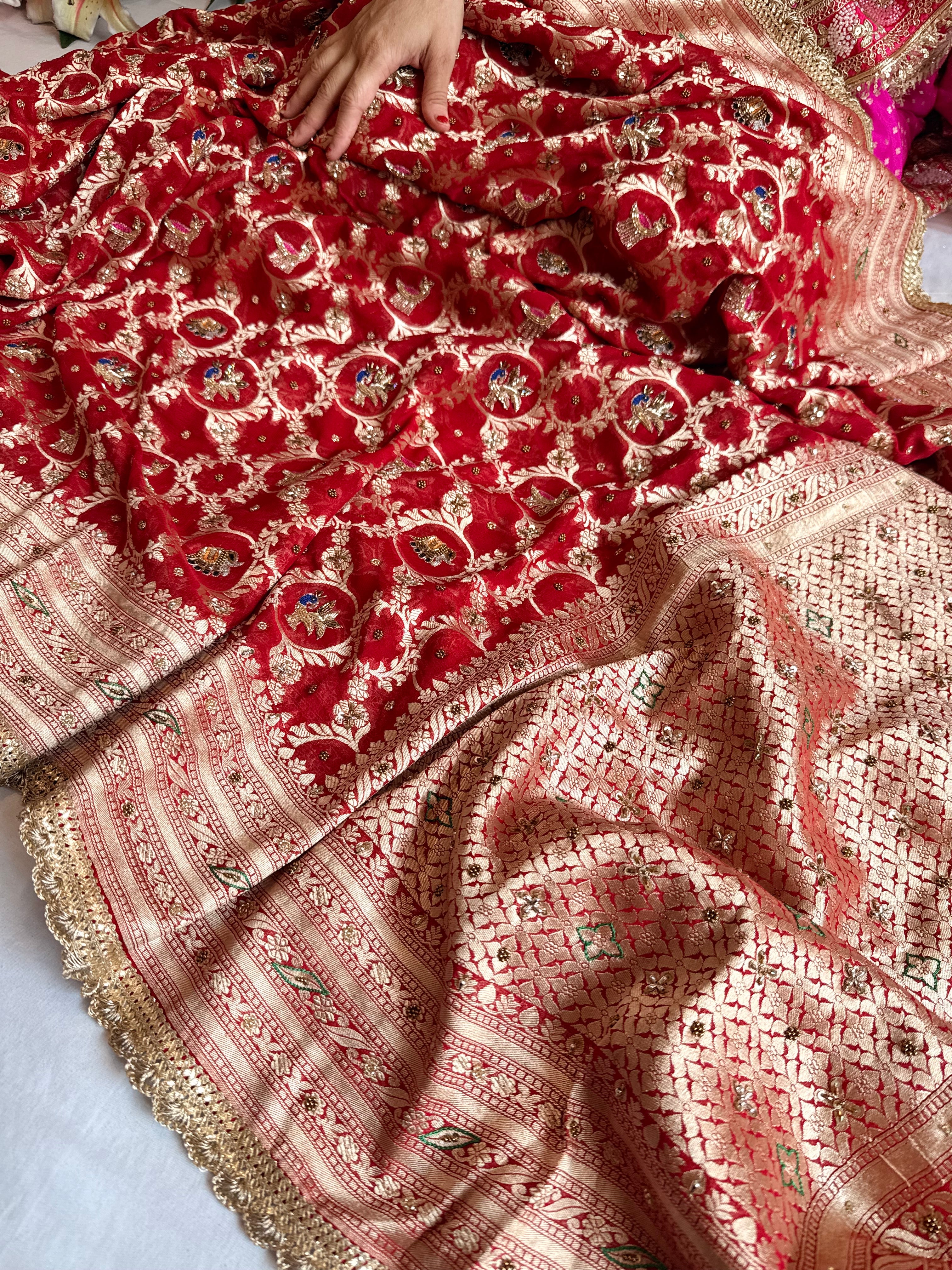 Bridal red chiffon gorgette jaal work hand embroidered kadhwa saree