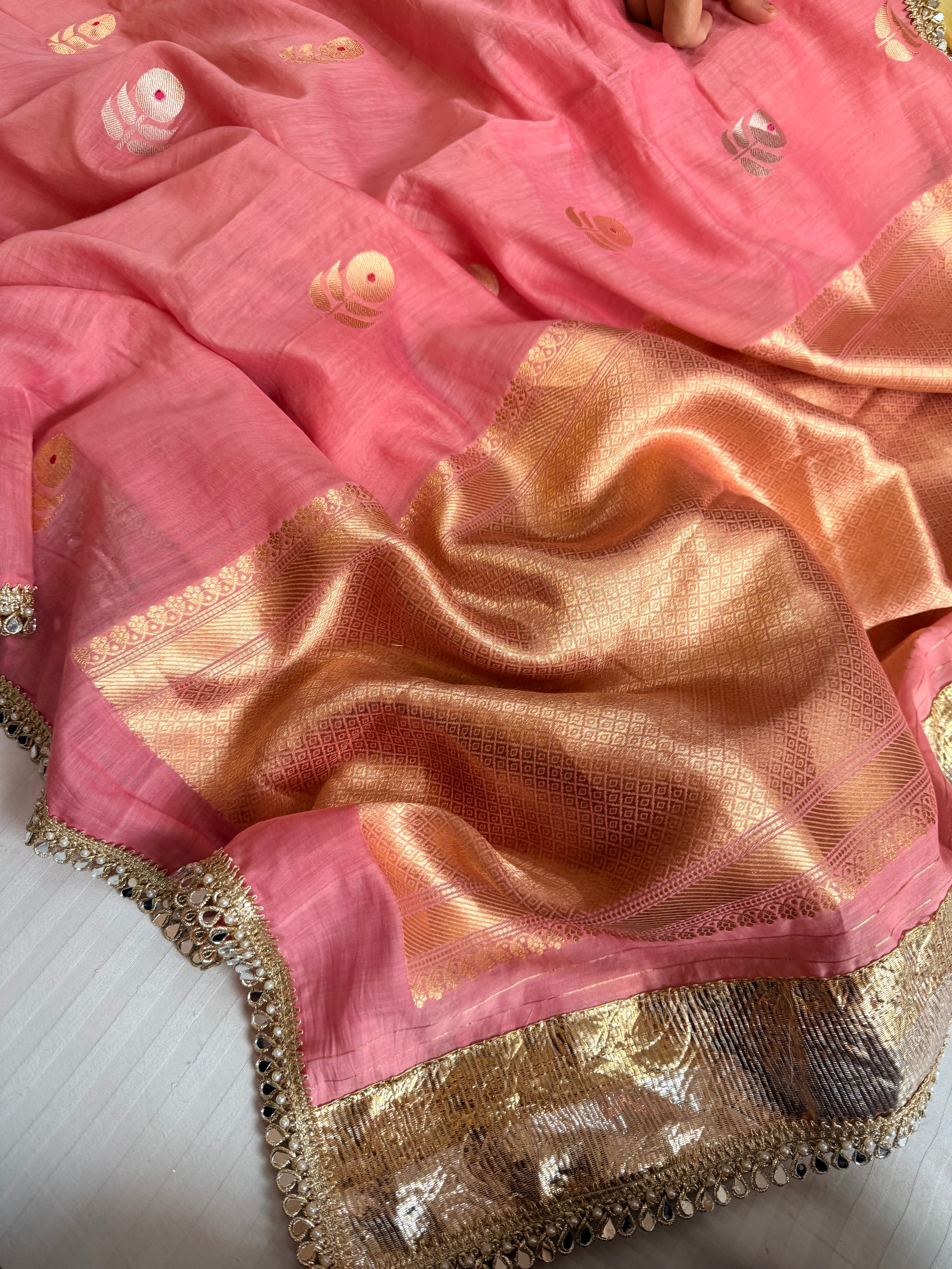 Handloom mulmul cotton silk saree with lampi gota border