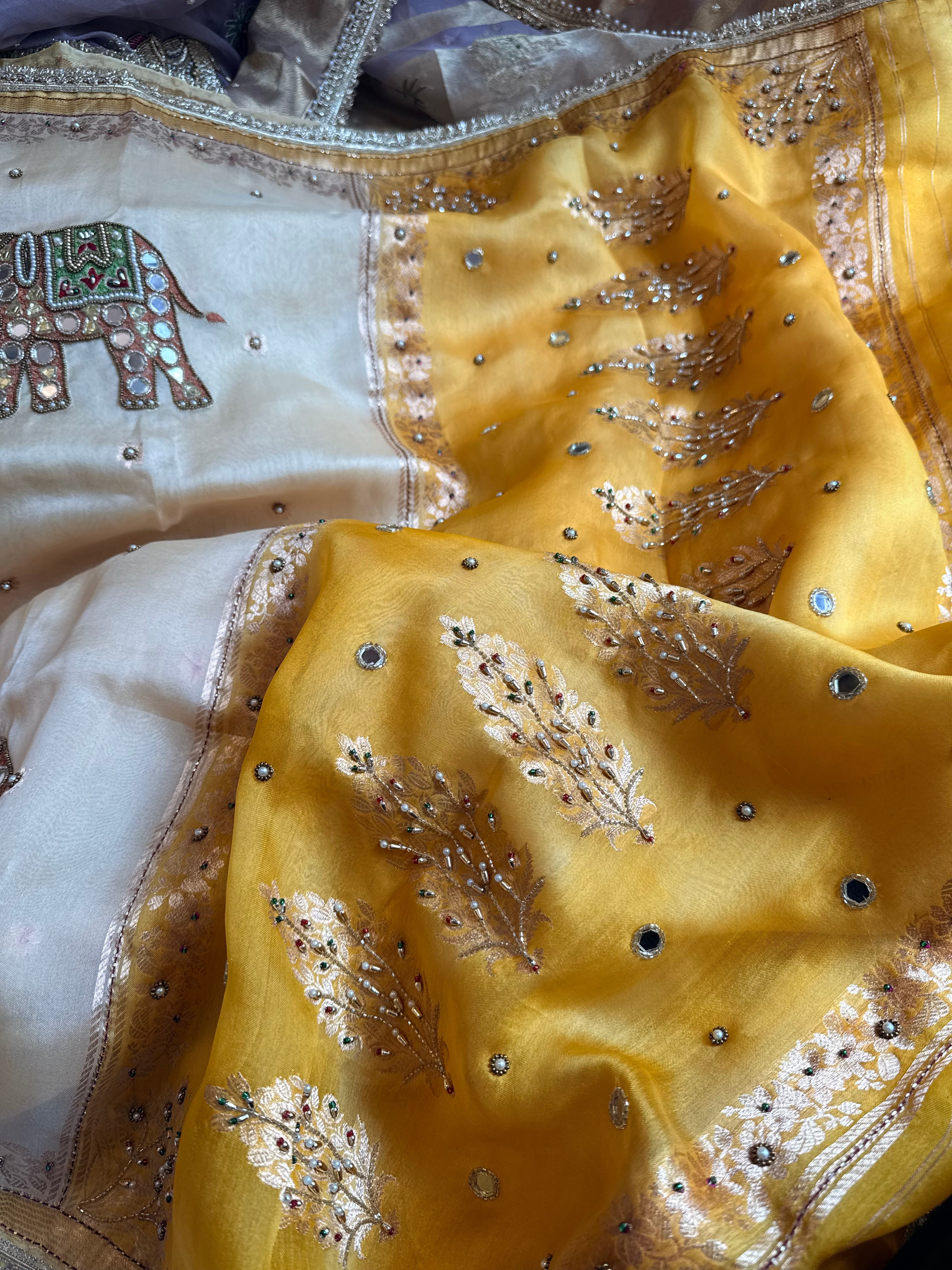 Tyohaar edit - Chap dye kora silk elephant motif hand embroidered saree