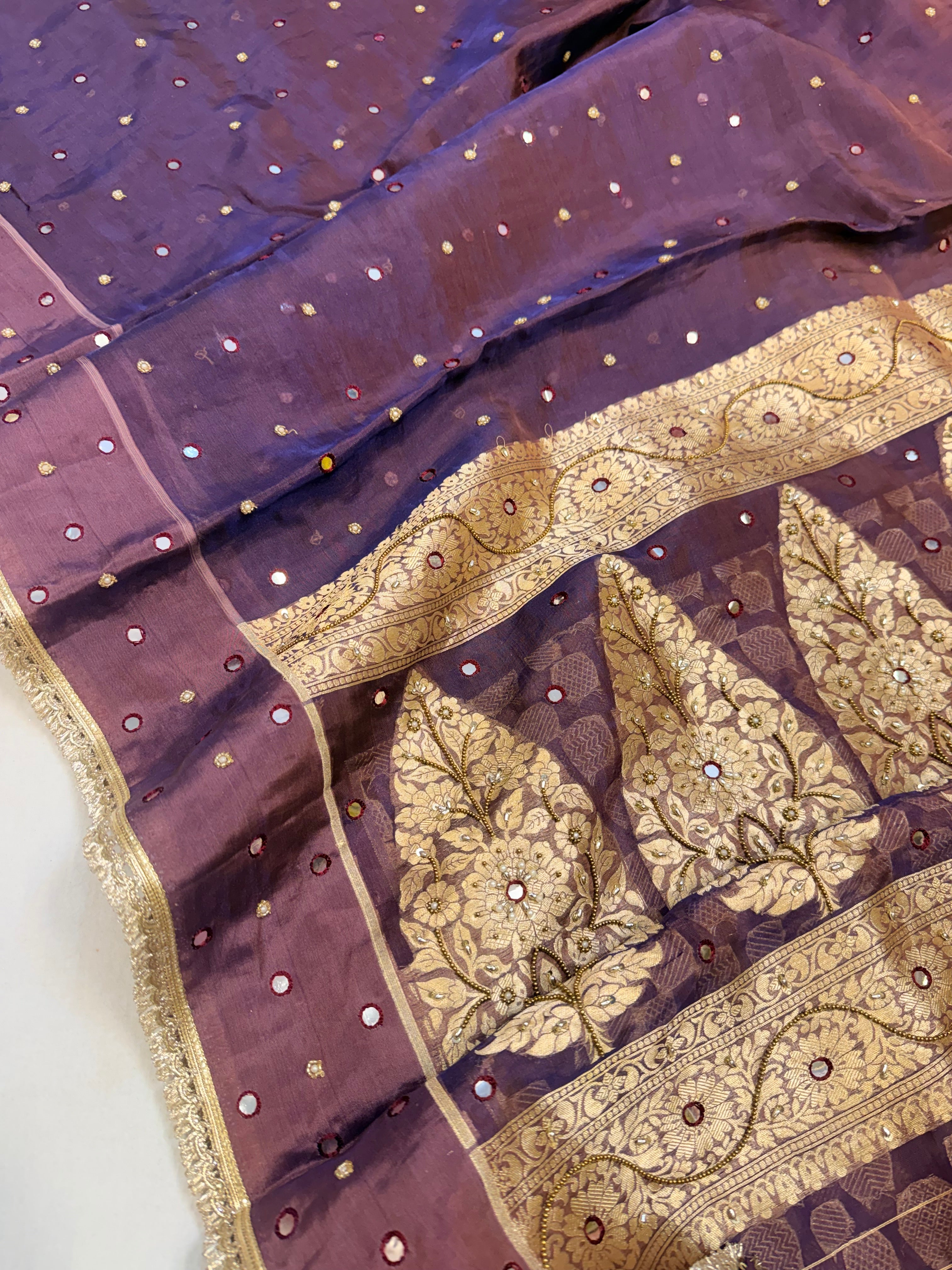 Midnight purple tissue silk hand embroidered kadhwa saree