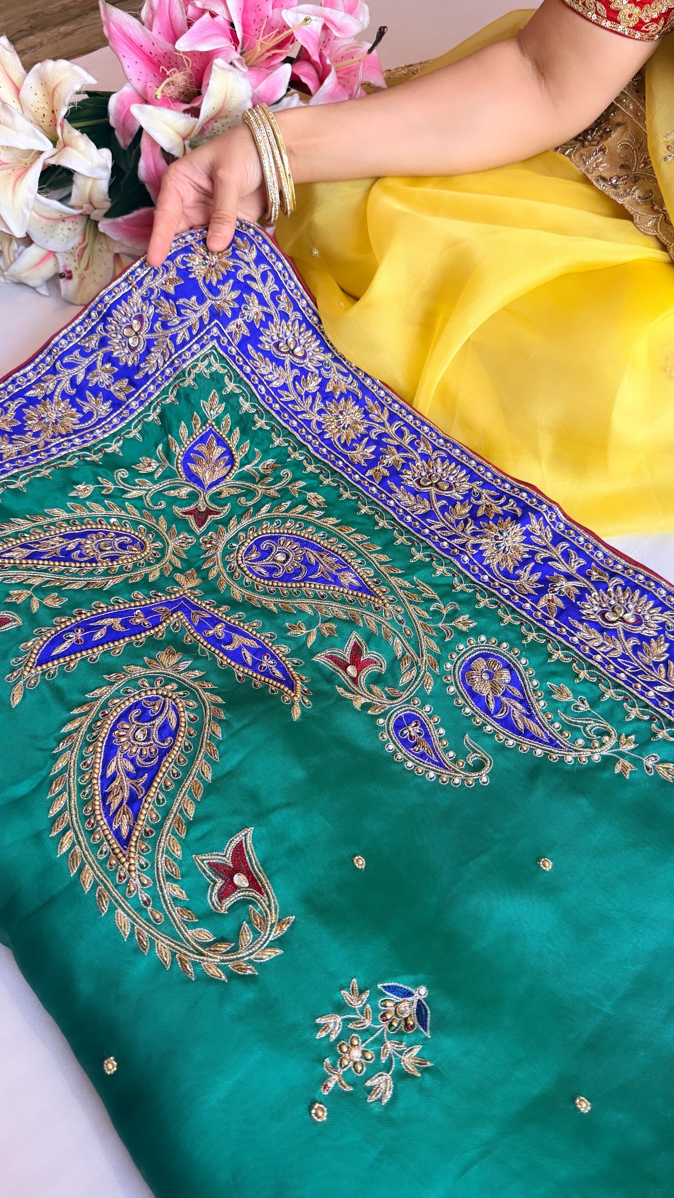 Mummy ki purani wali saree edit - Blue-green-purple kora silk kadhwa hand embroidered saree