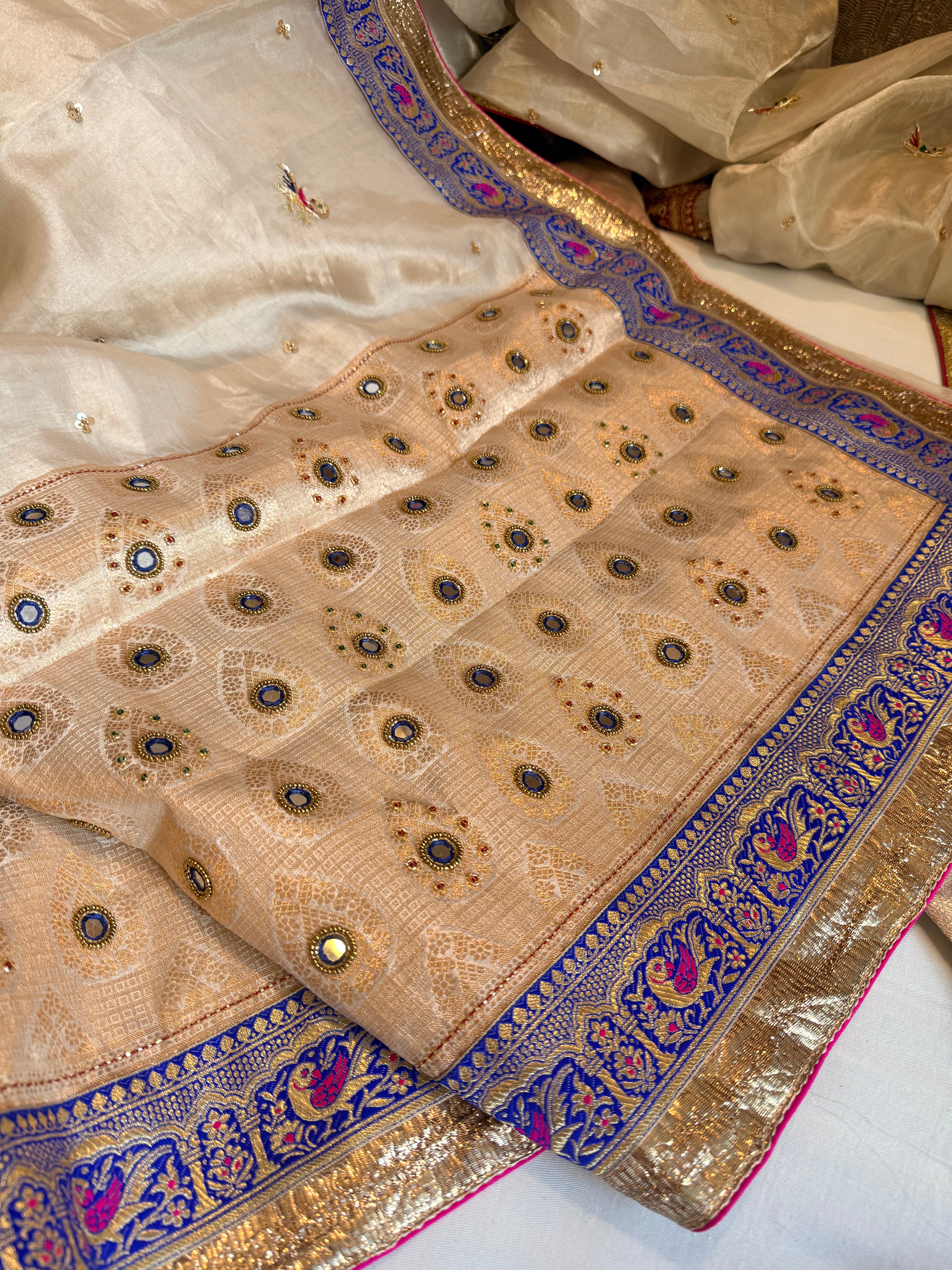 Toran temple border Ivory tissue silk patchwork hand embroidered border saree