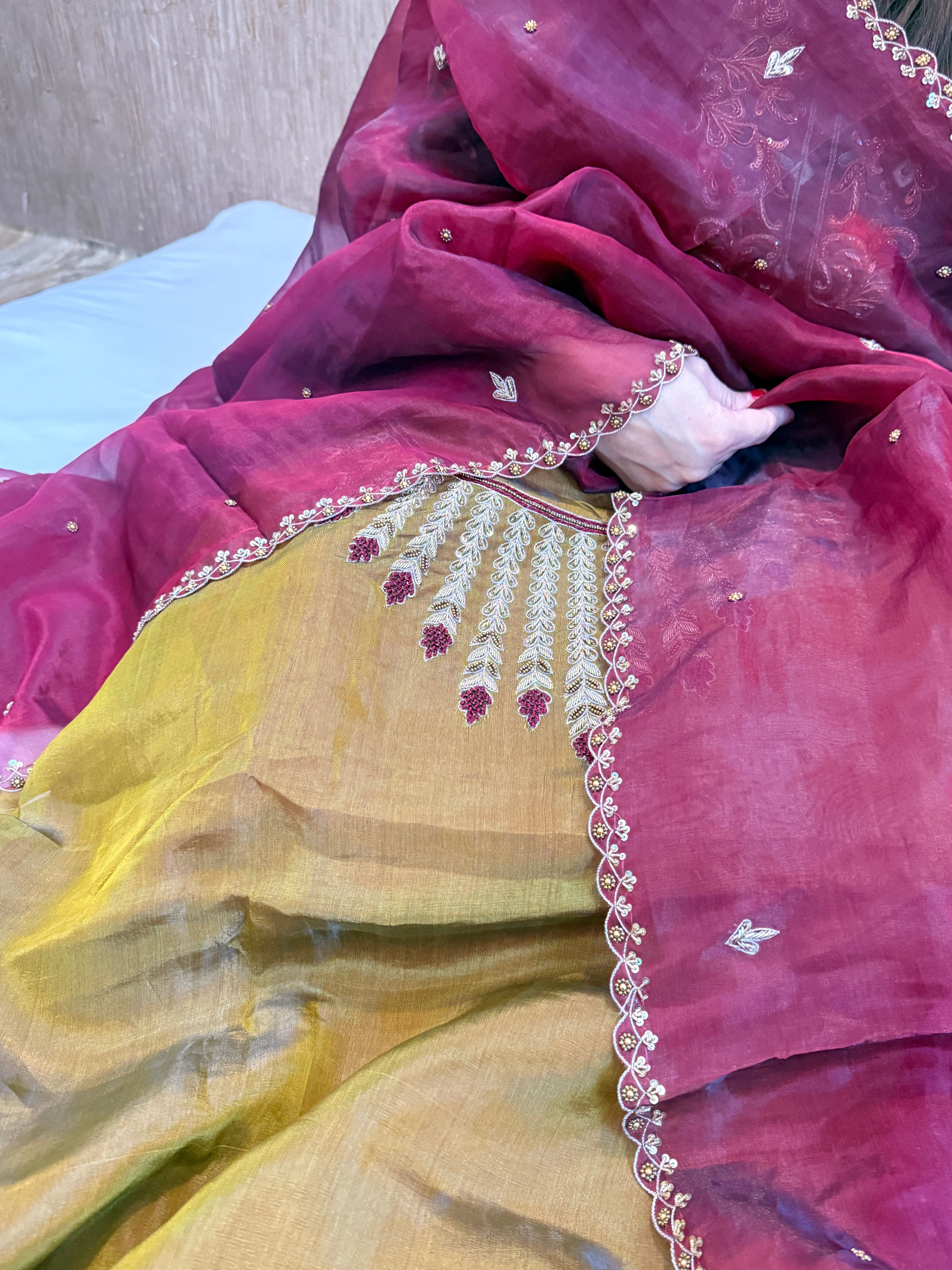 Olive gold-plum kora silk gotapatti hand embroidered suit set