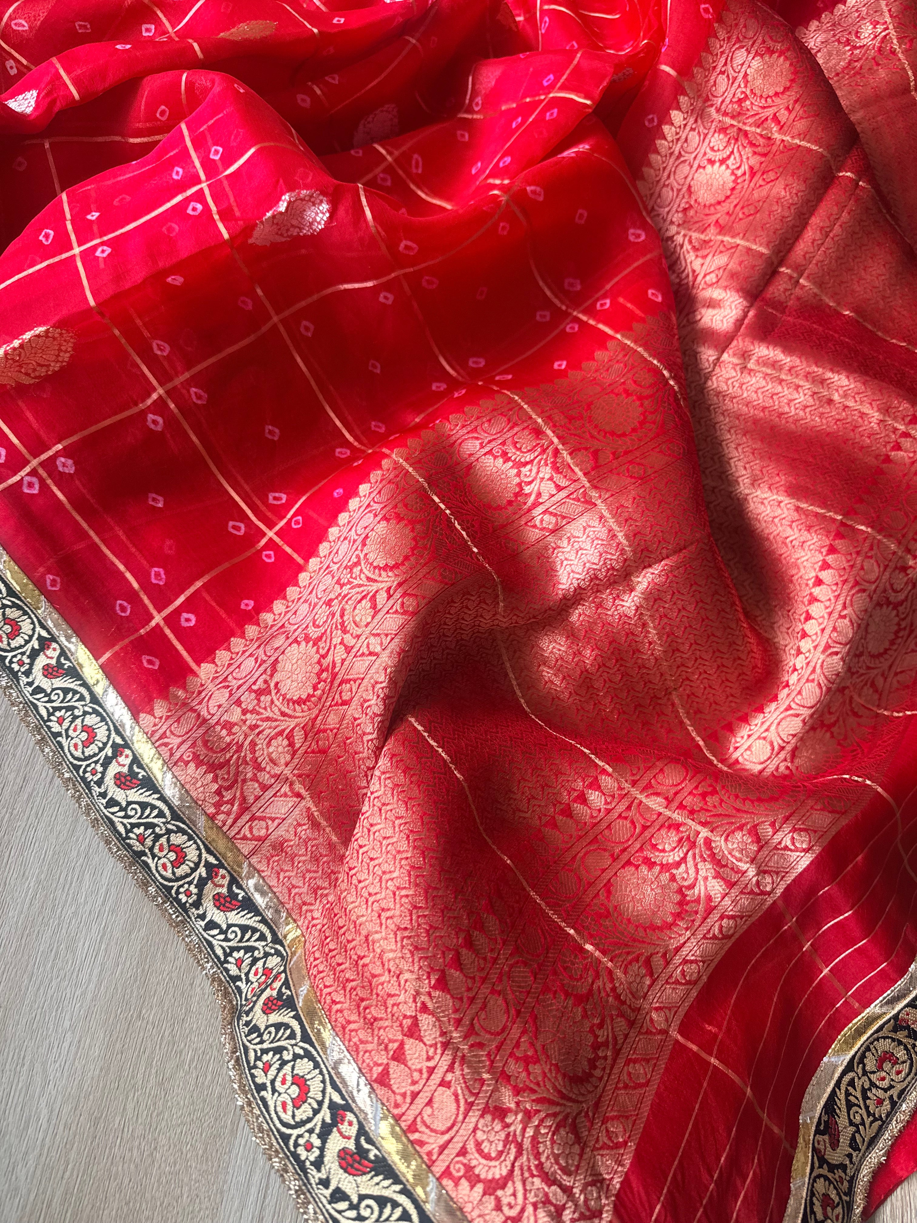Kora bandhej edit - Chilly red kora silk kadhwa buti hand embroidered saree