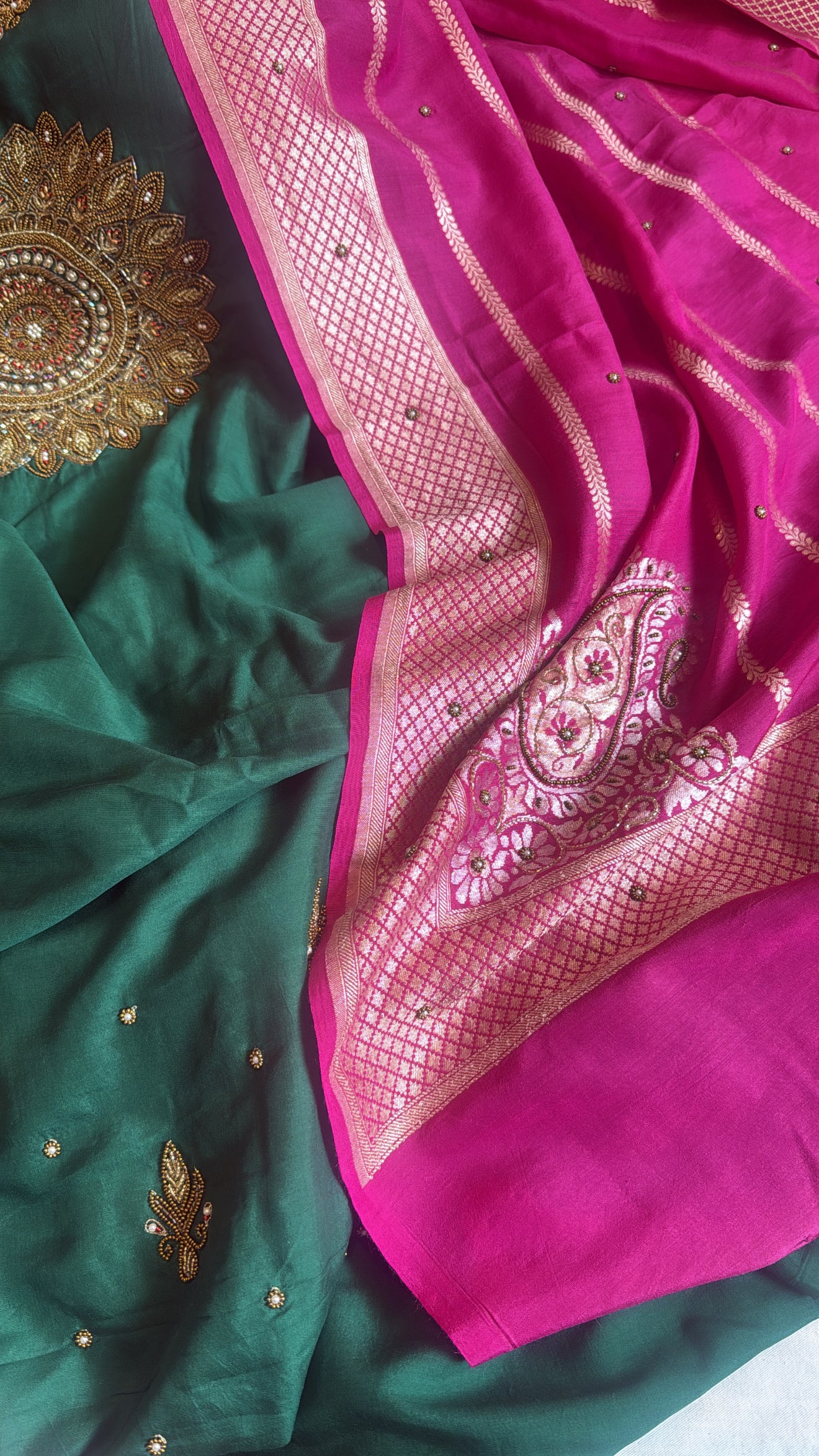 Hot pink - Bottle green spun chiniya silk hand embroidered mandala work suit set