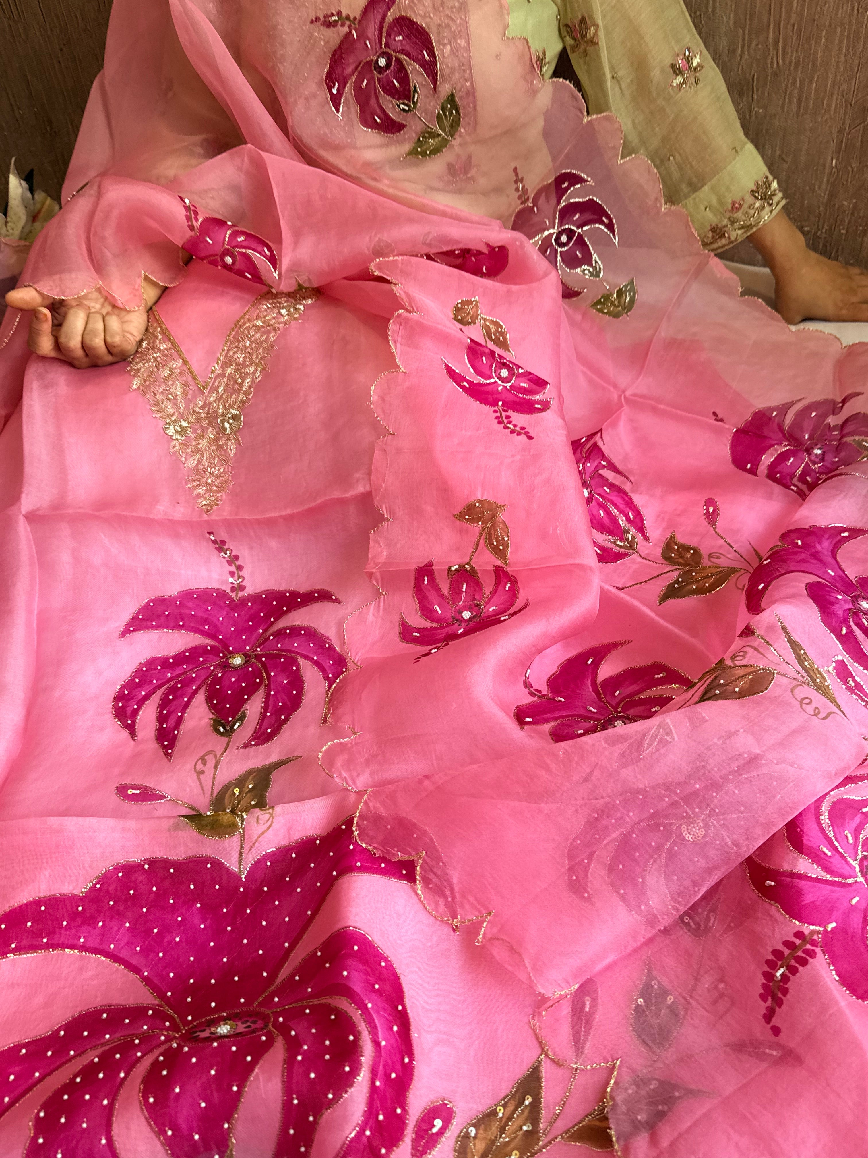 Banarasi Kora silk hand embroidered floral printed suit set