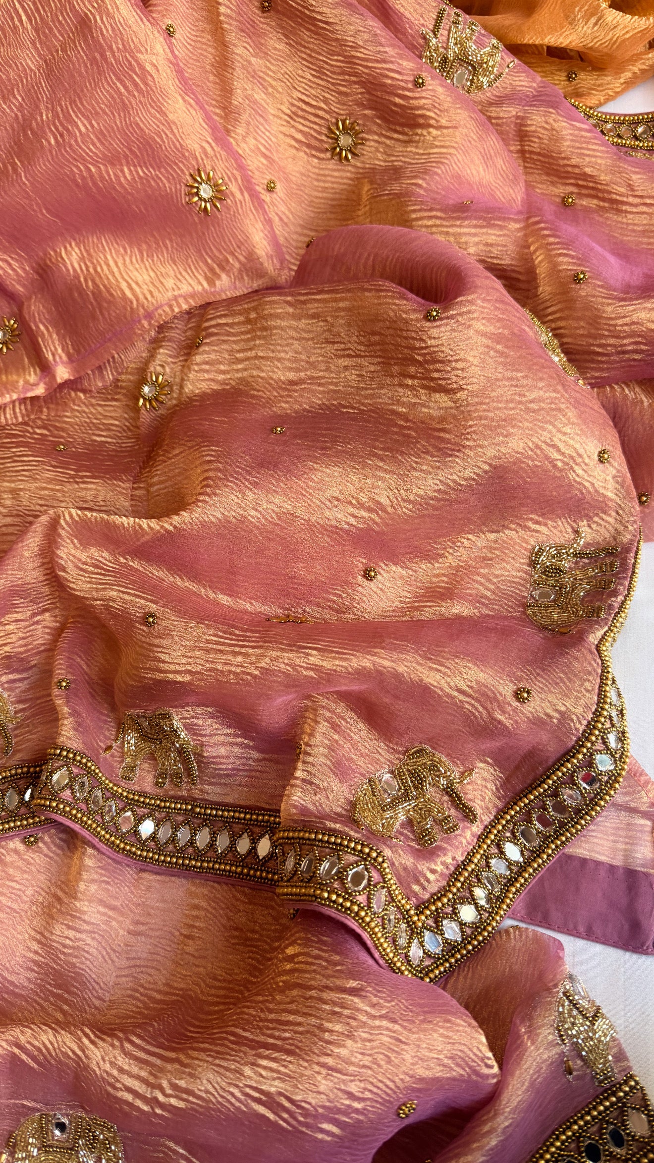 Mirrorwork edit blush pink crushed tissue silk hand embroidered saree