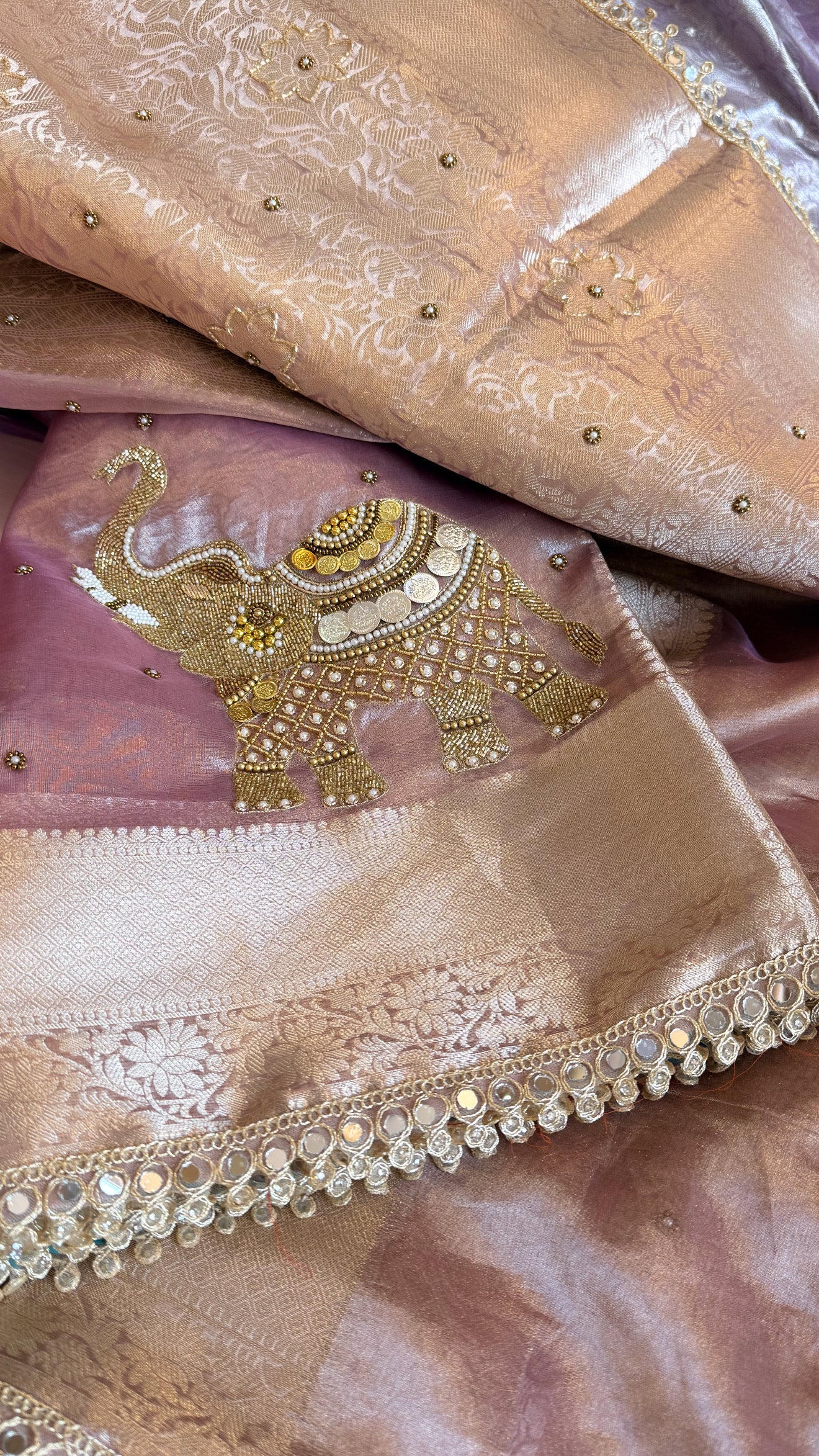 Gulabi jadau edit - Soft pink tissue silk jadau work hand embroidered saree