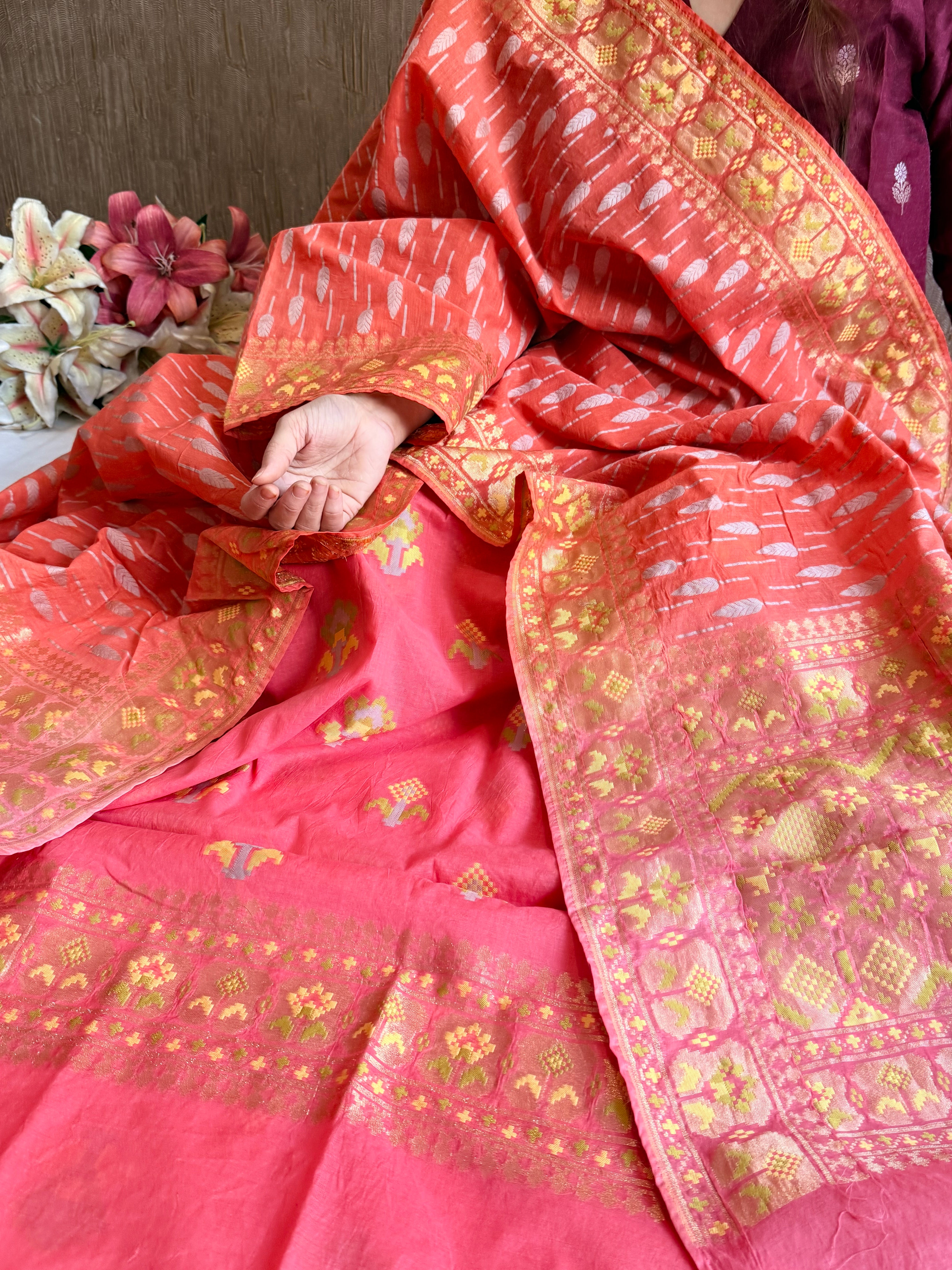 Mul cotton banarasi kadhwa buti peachy pink suit set