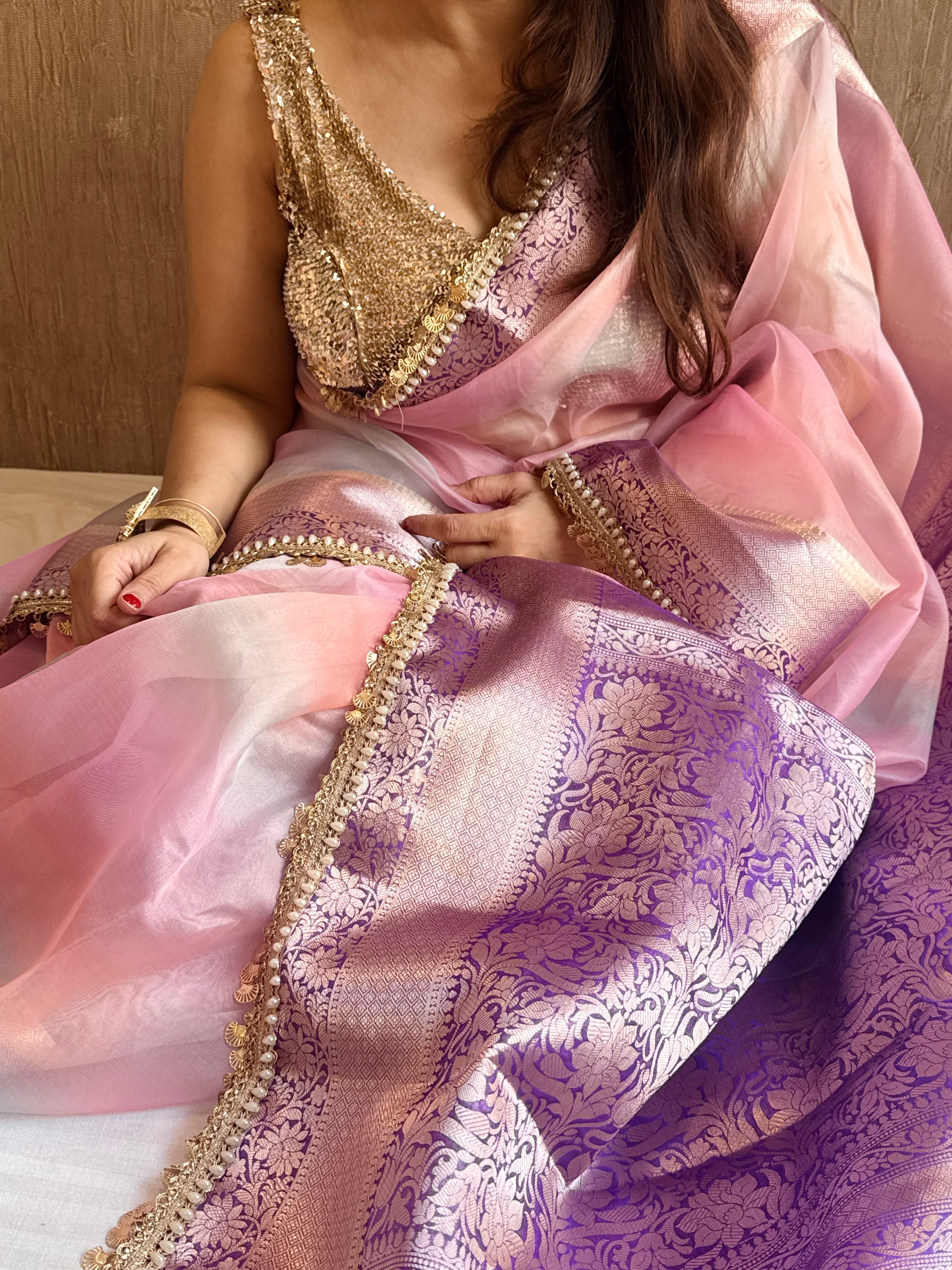 Banarasi kora silk rainbow dyed kadhwa saree with gotapatti work