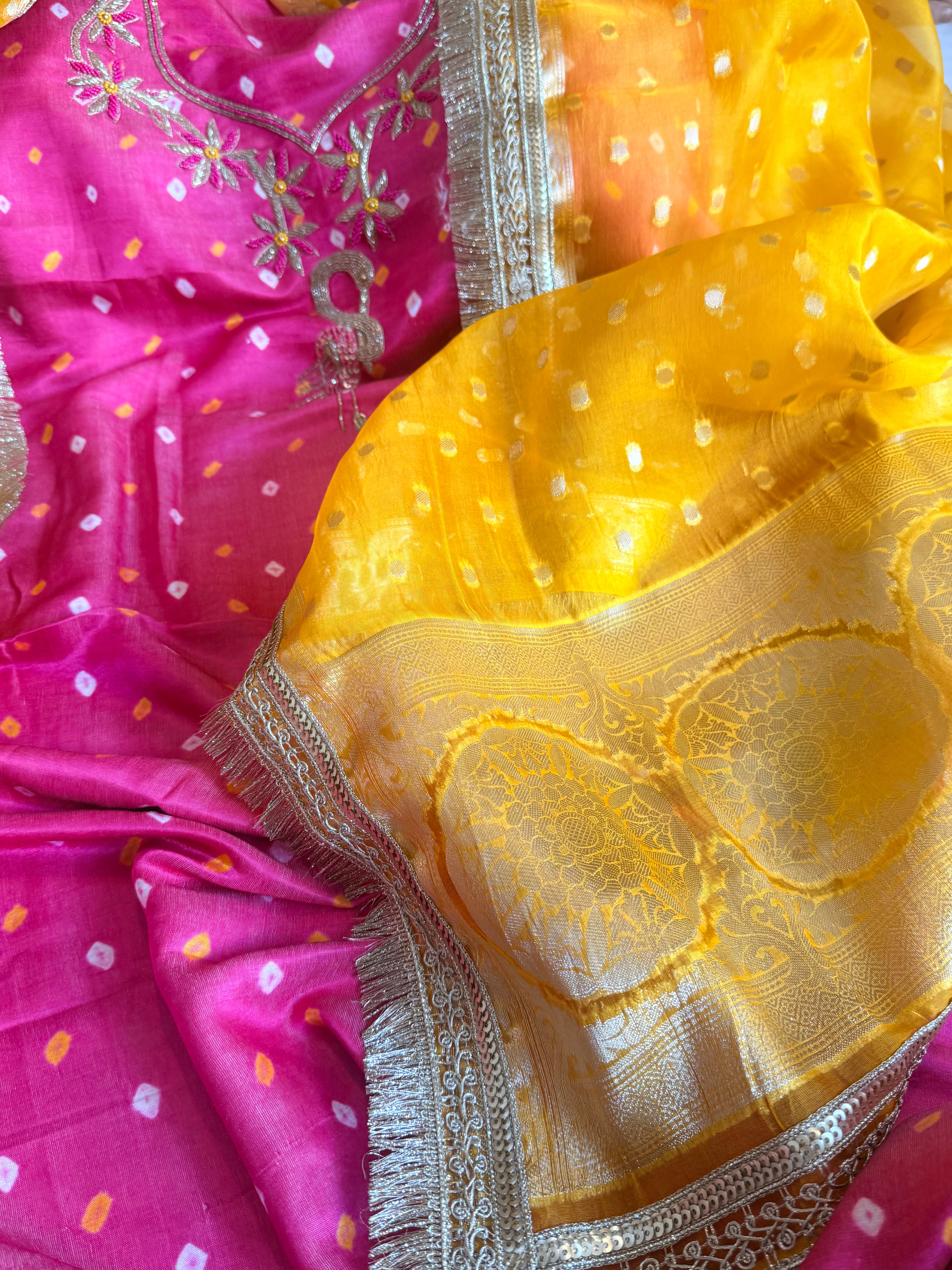 Hot pink - haldi yellow chiniya silk kadhwa buta kurta paired with kora silk red duppata