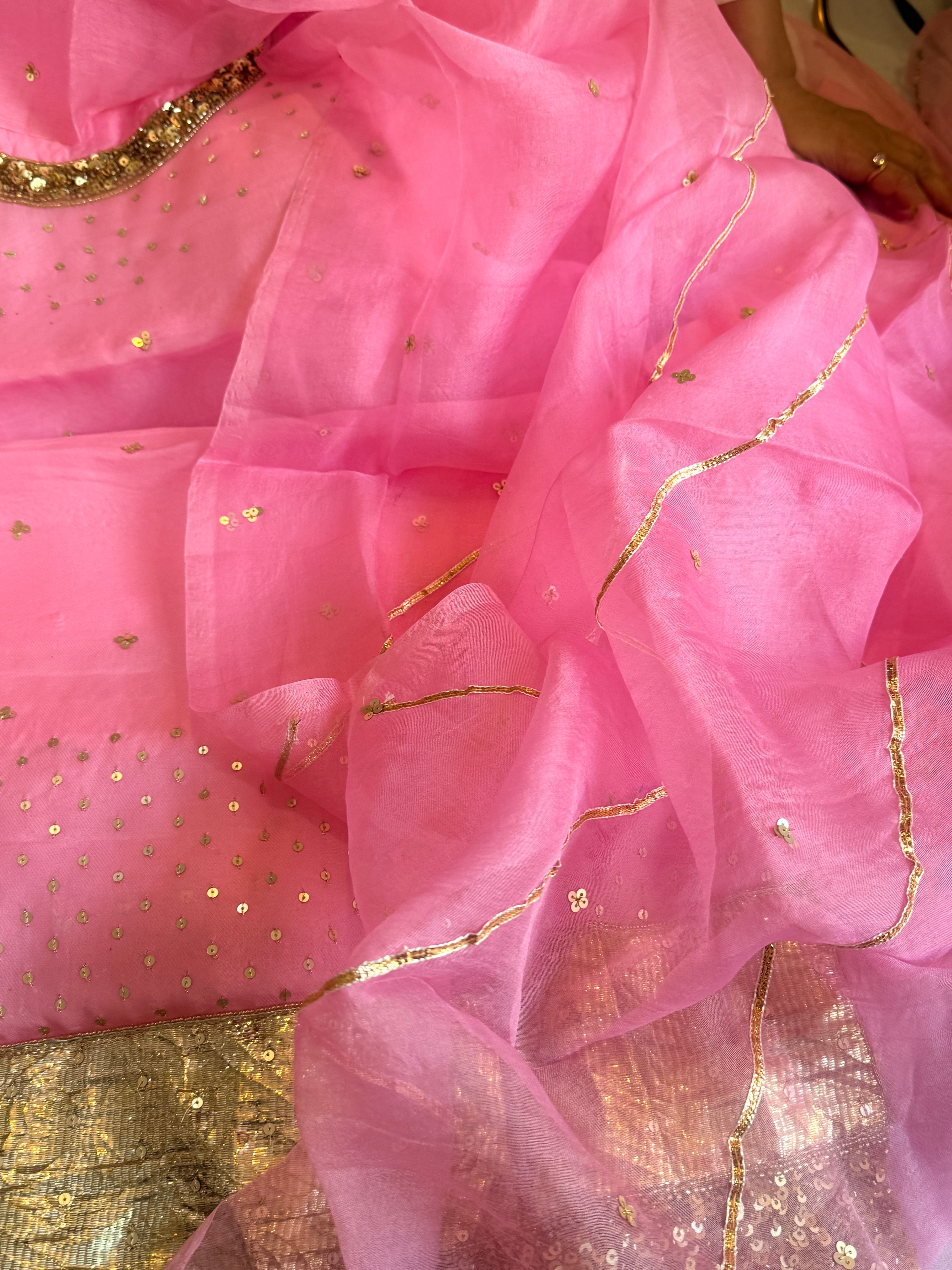 Blush lotus pink kora silk hand embroidered kadhwa suit set