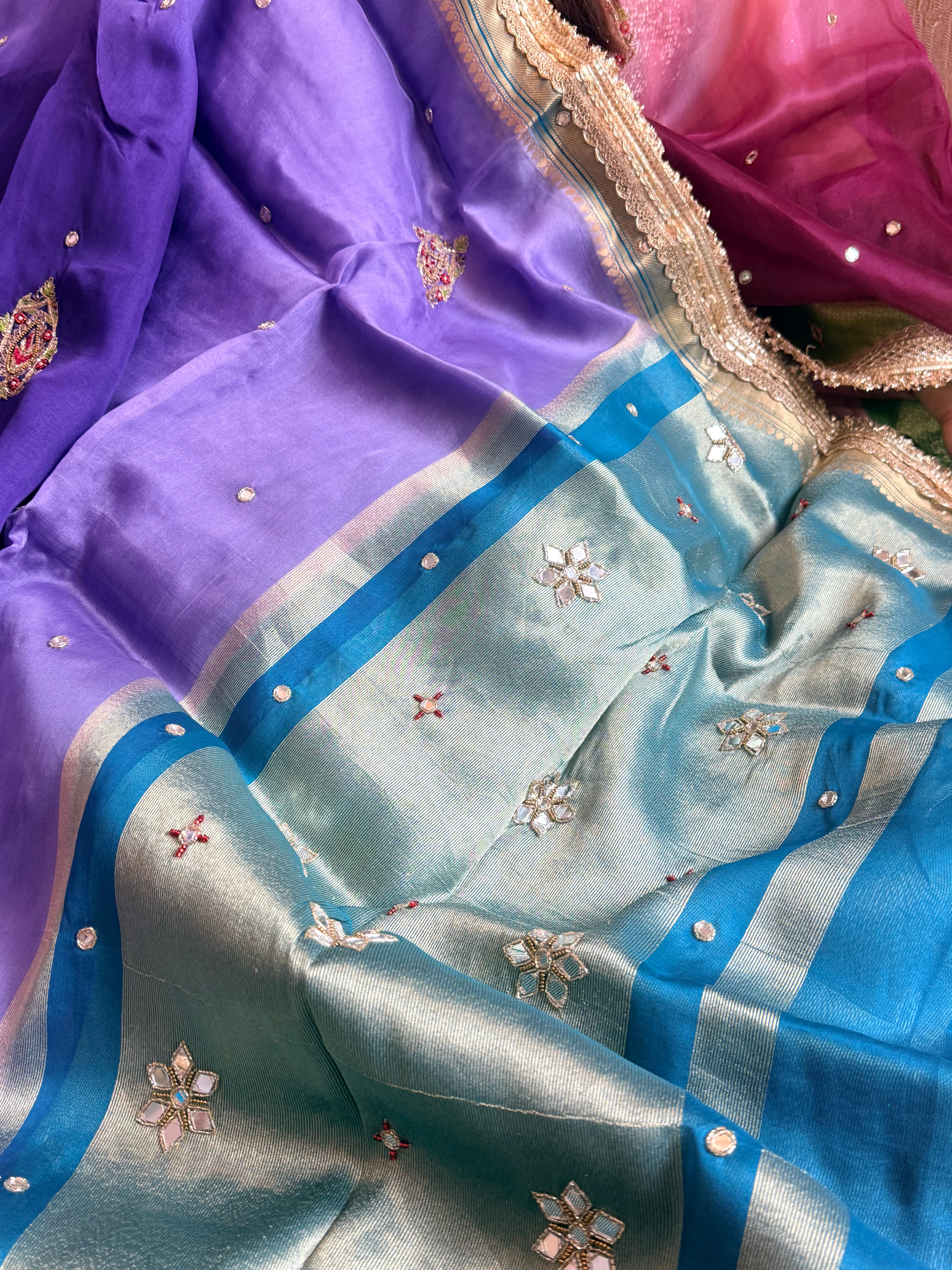 Husn ganga jamuna contrast border kora silk hand embroidered saree