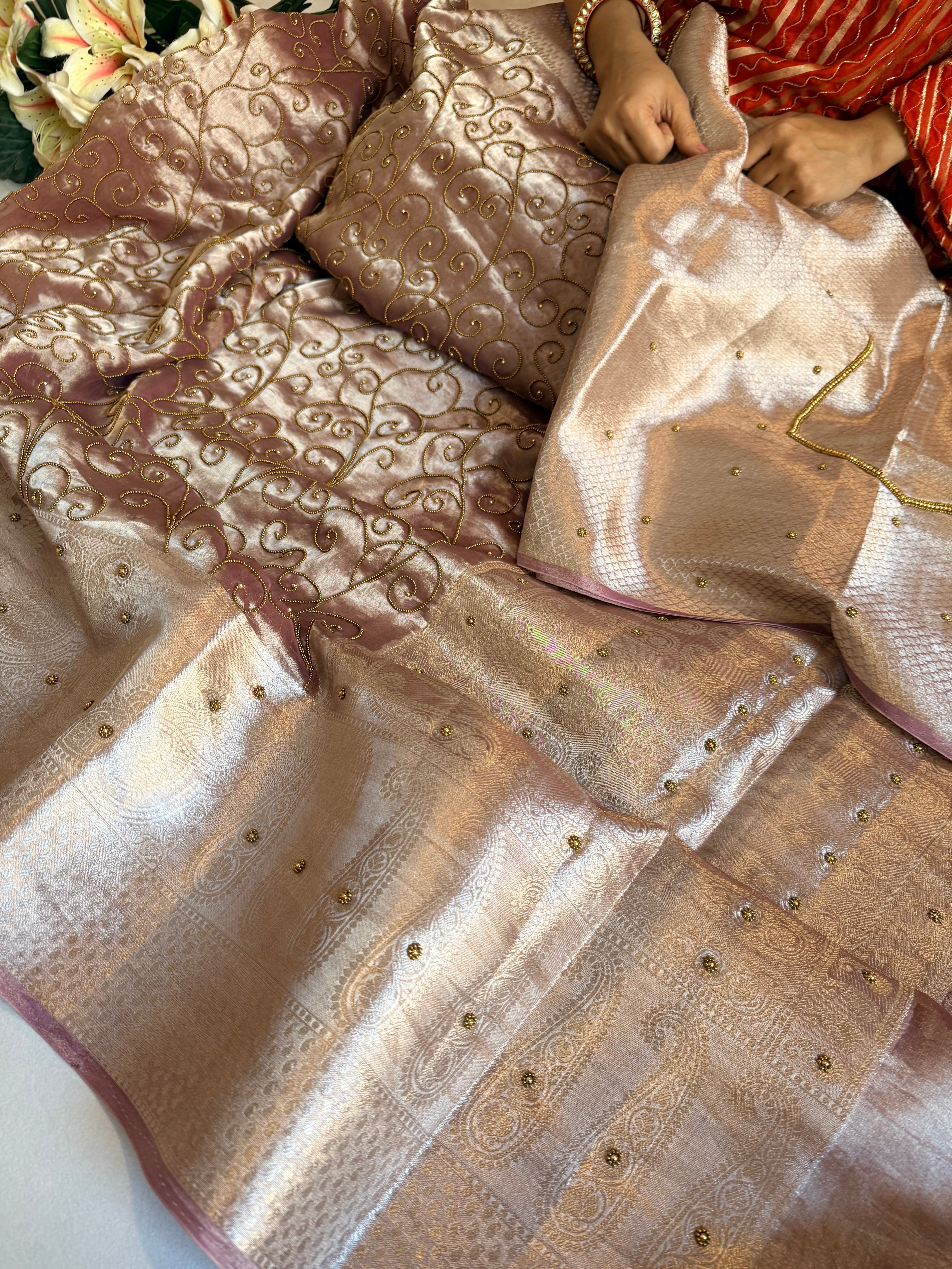 Rose gold tissue silk hand embroidered kadhwa saree with heavy blouse