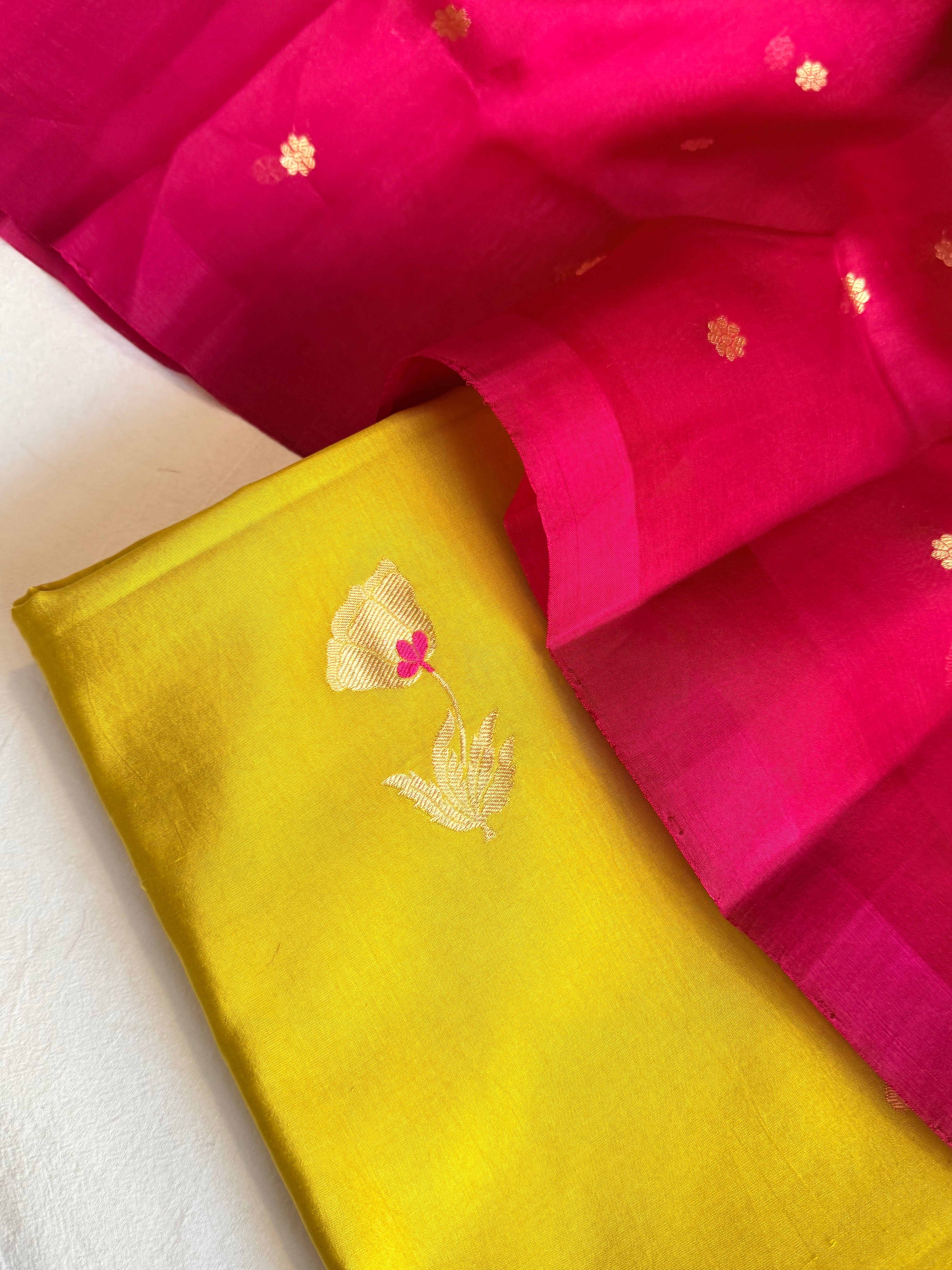 Rose buta spun chiniya silk kadhwa buti suit set