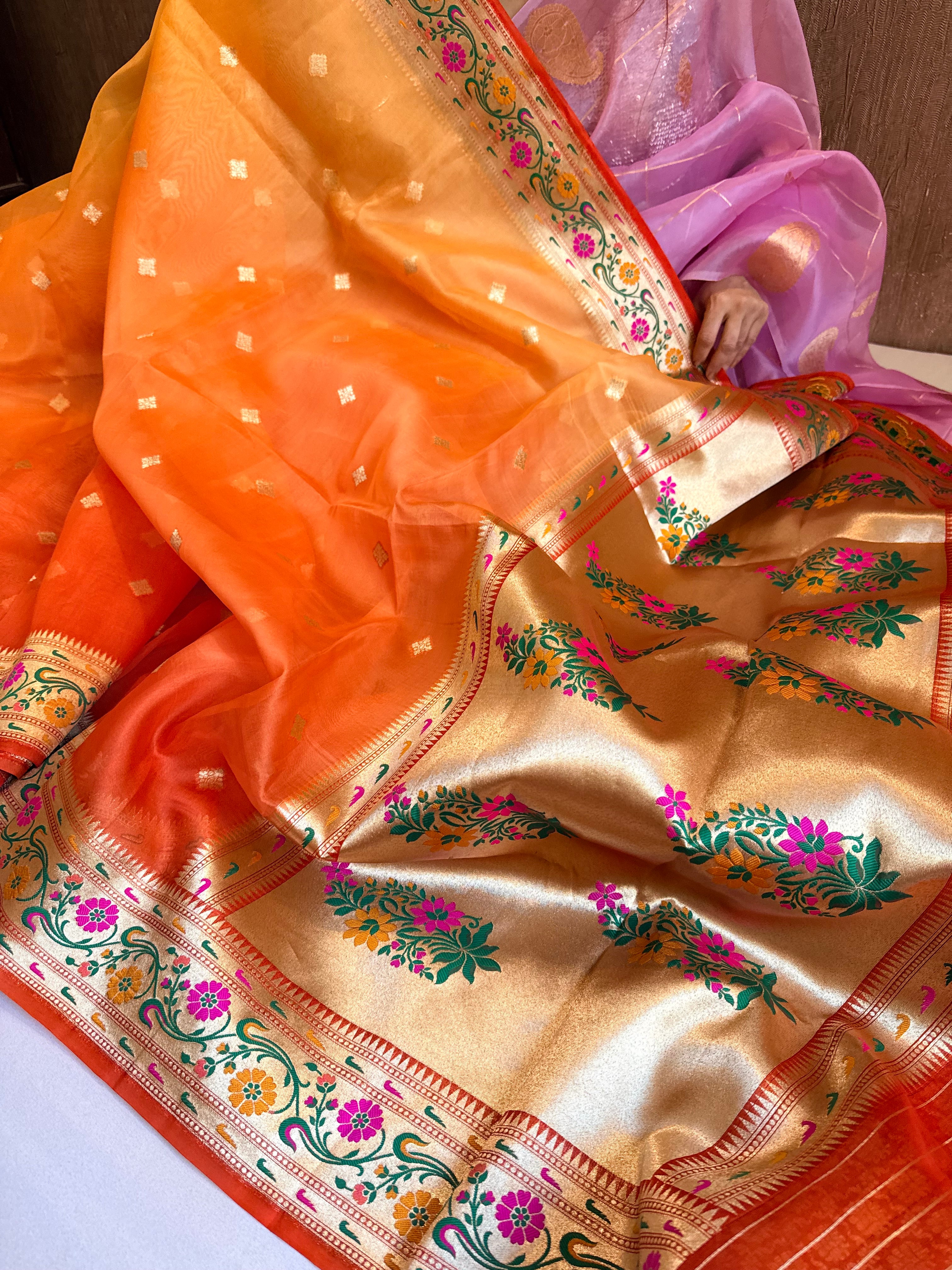 Fanta orange shaded paithani border kadhwa border handloom saree