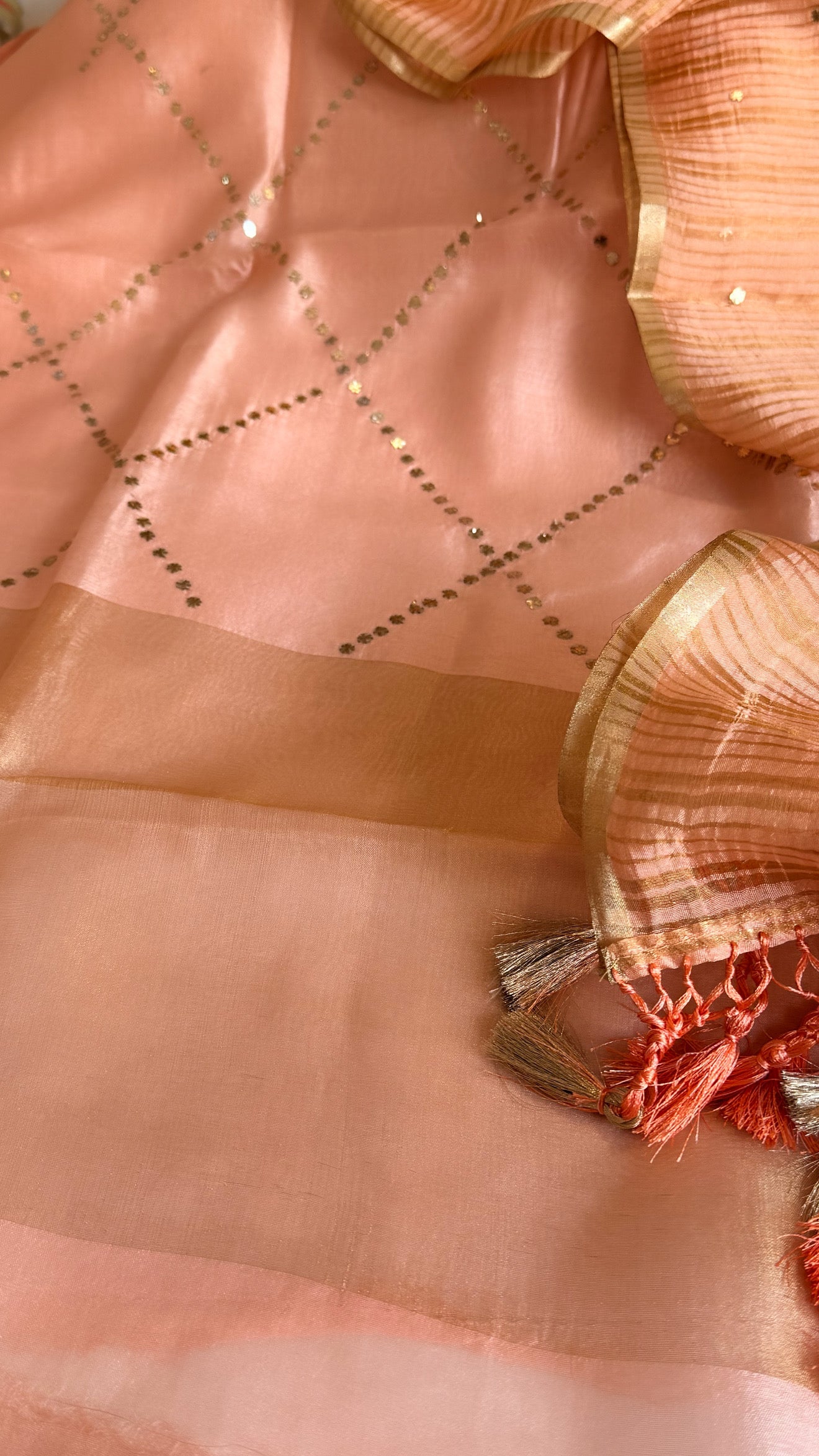 Summer suit edit - Spun chiniya silk mukaish work peach shade hand embroidered suit set