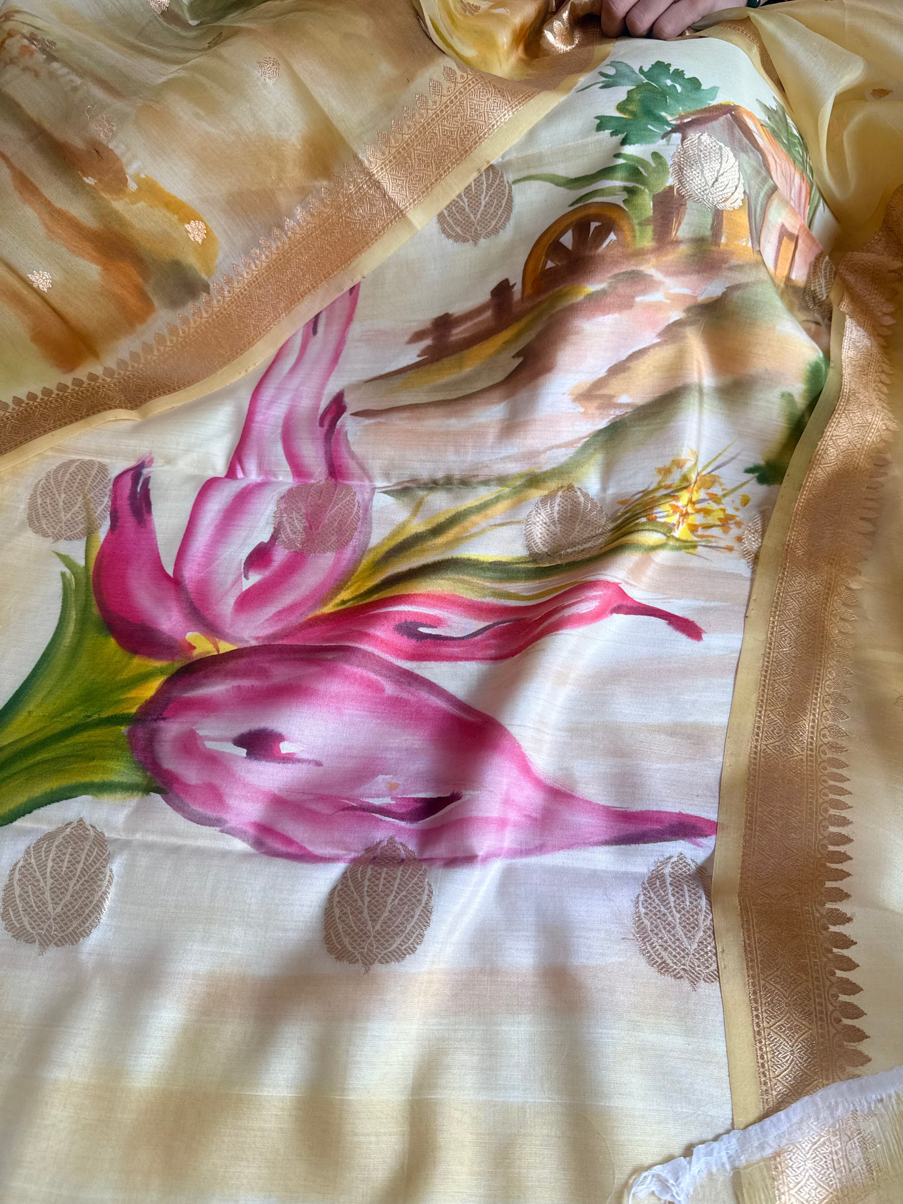 Banarasi kora silk handpainted ghatwork kadhwa buti rainbow dye suits
