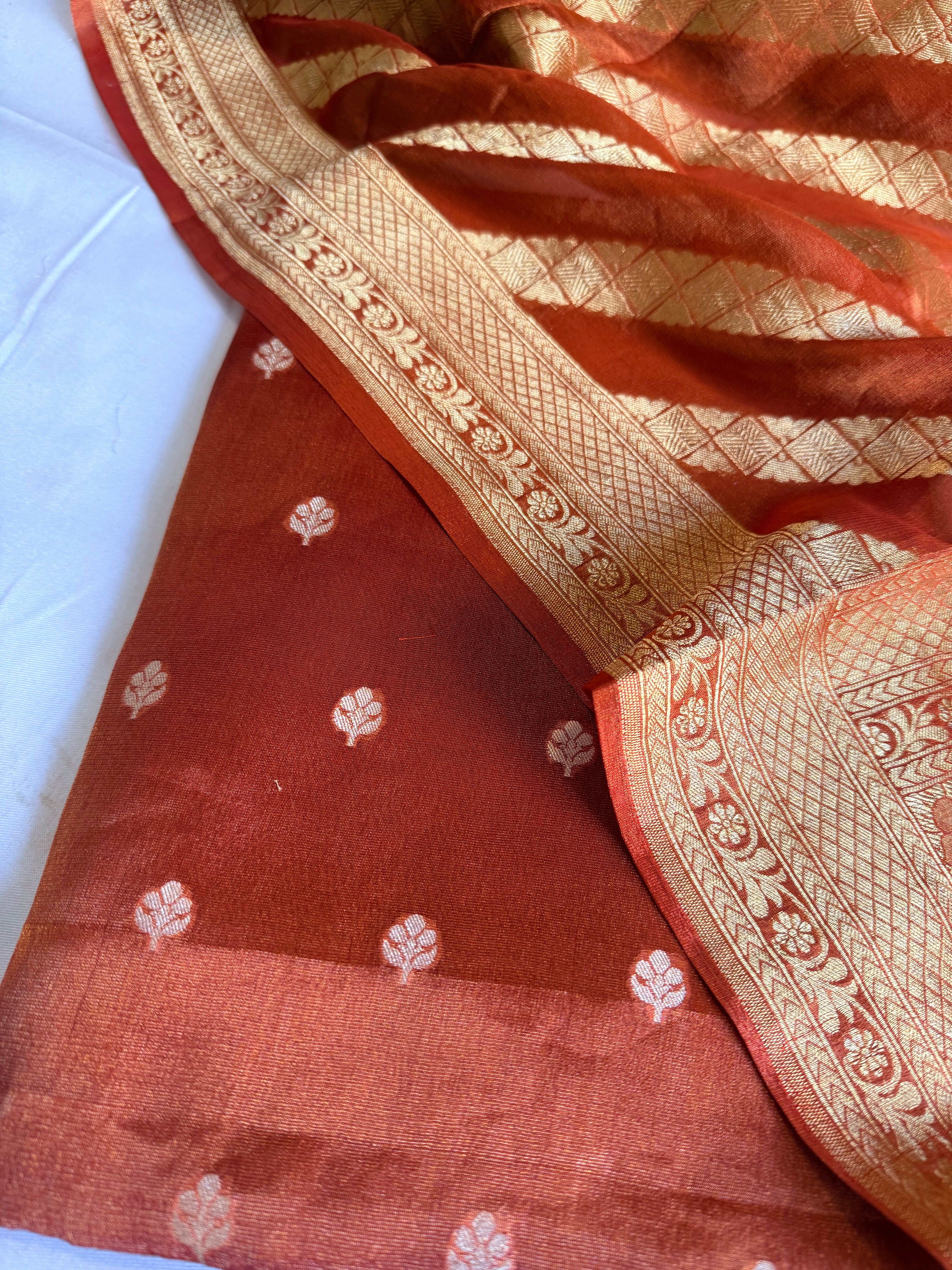 Rust orange tissue gorgette kadhwa buti banarasi suit set