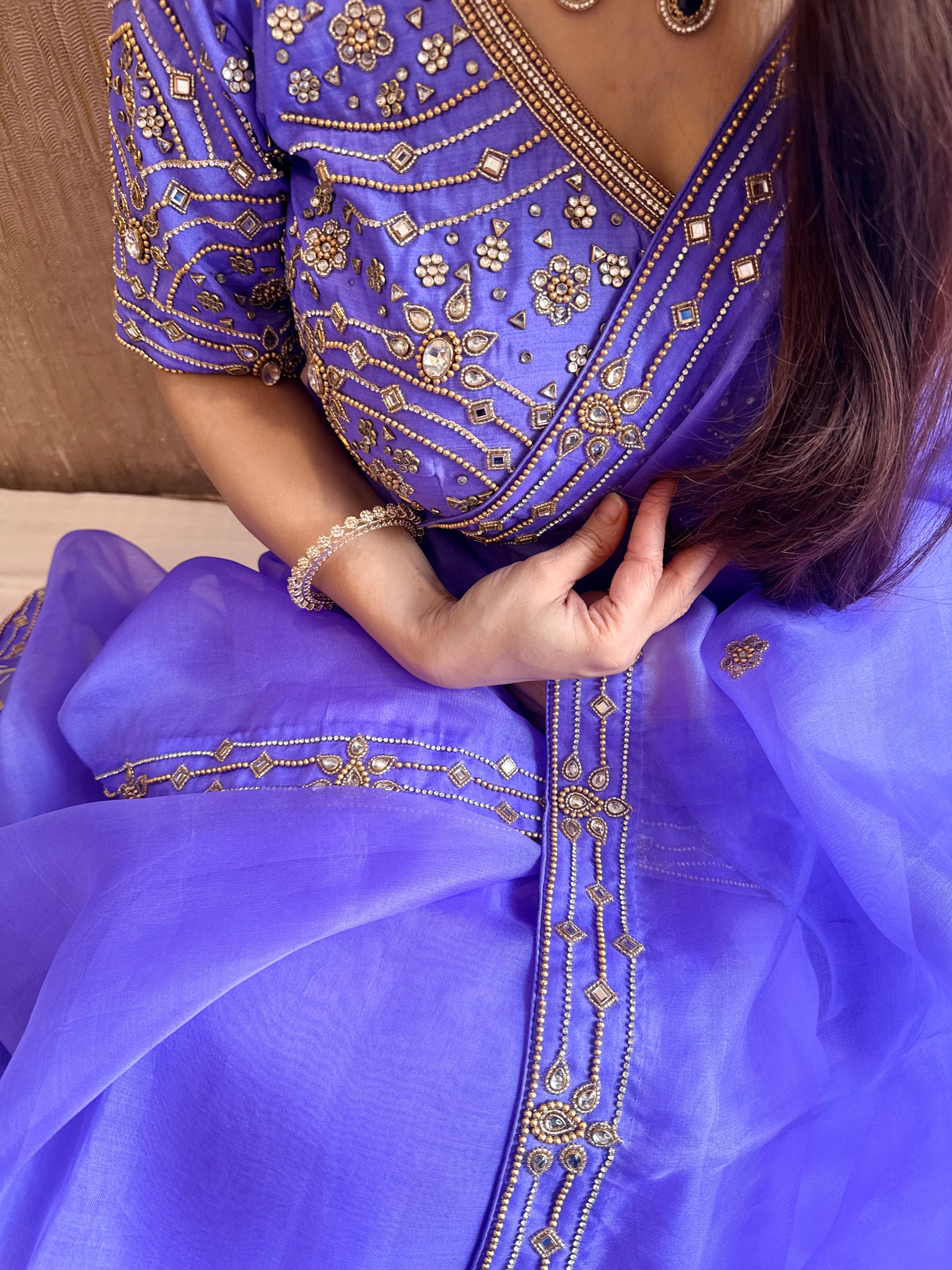 Banarasi violet kora silk polki hand embroidered kadhwa saree