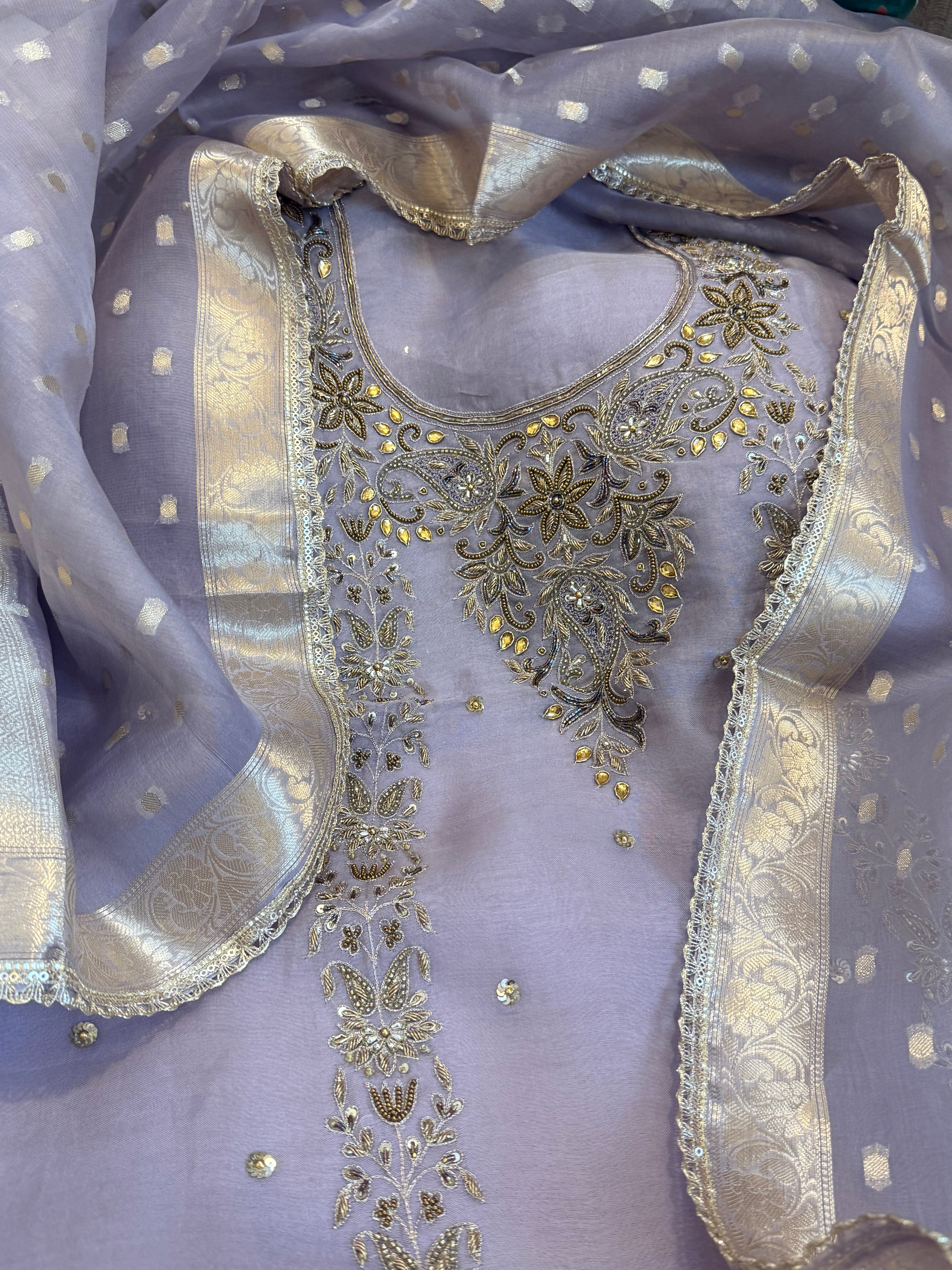 Lilac grey kora silk gotapatti hand embroidered suit set