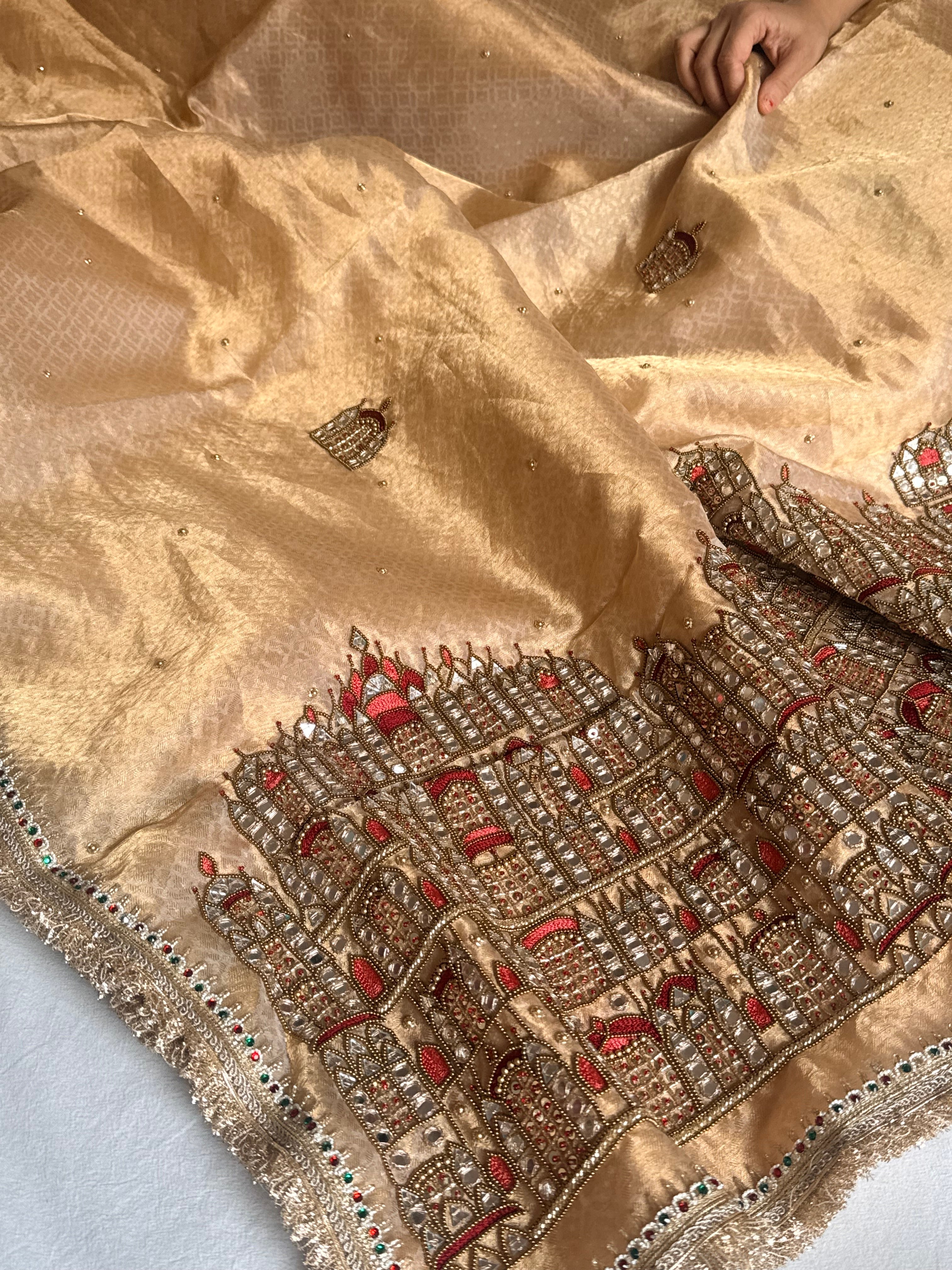 Sheeshmahal golden tissue silk hand embroidered mirrorwork
