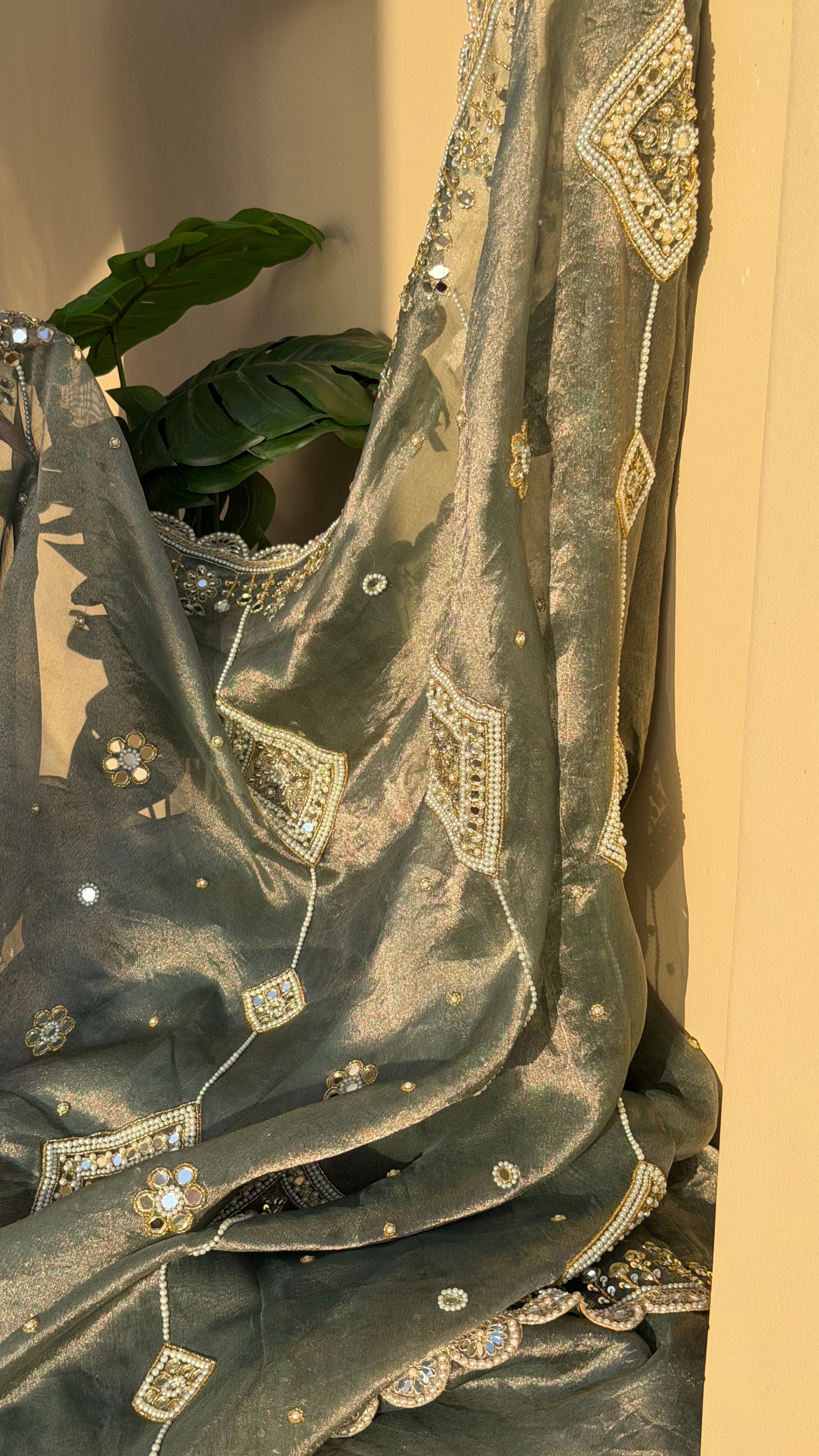 Coriander mint tissue silk pearlwork and mirrorwork hand embroidered saree