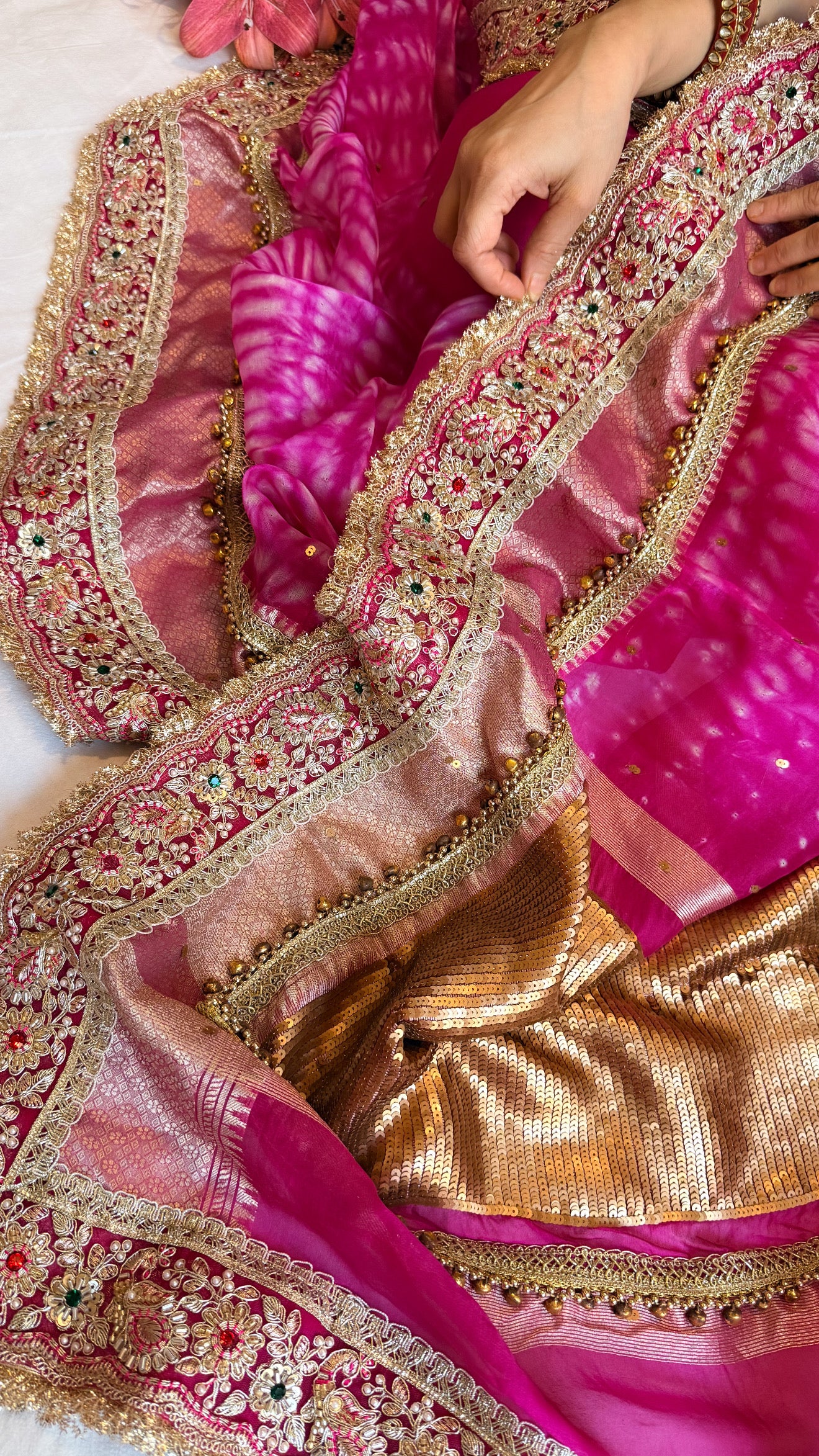 Chan Chan ghungroo hot pink work kora silk leheriya dye kadhwa saree