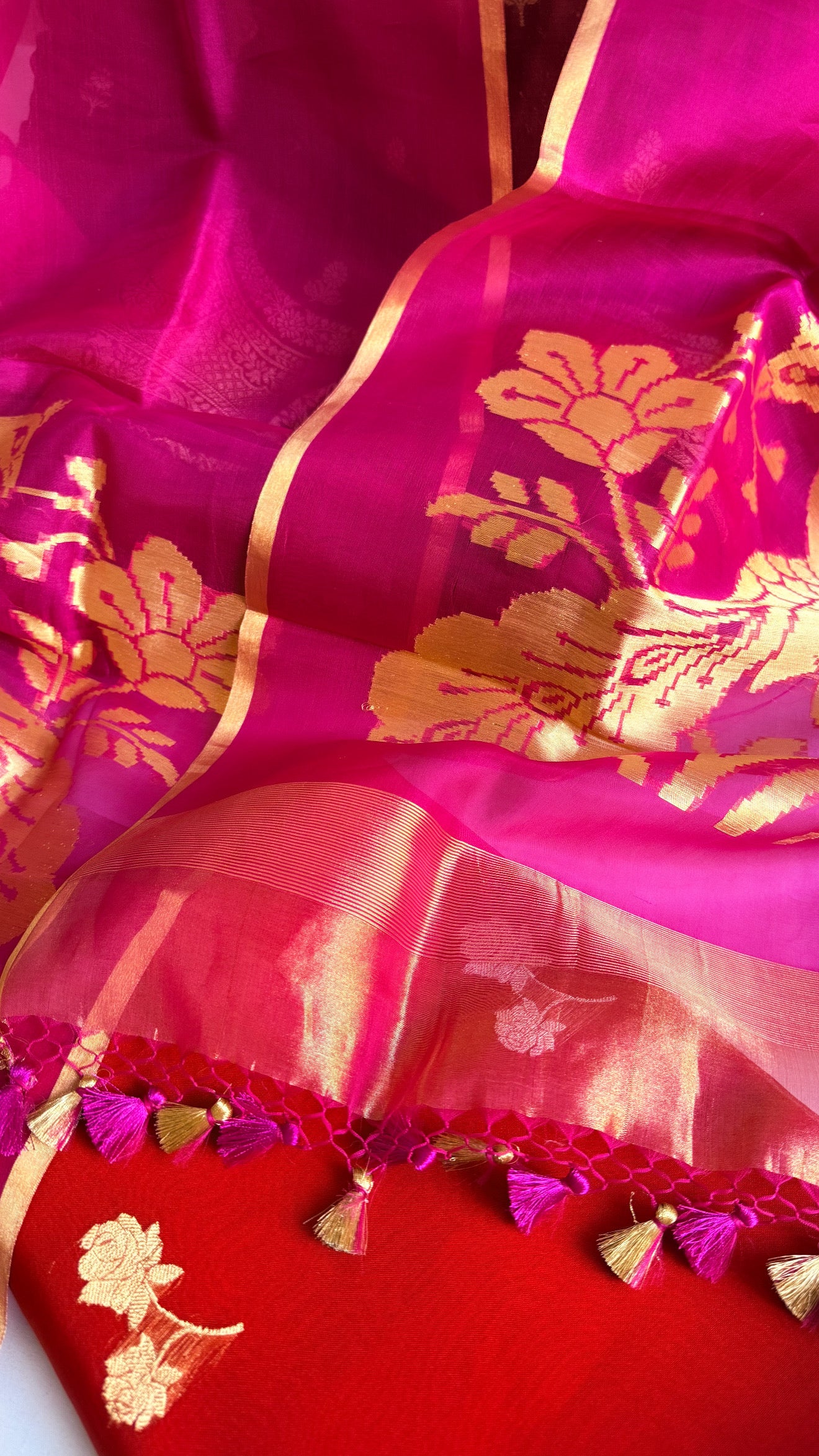 Peacock motif kora silk kadhwa mustard-red combination suit set