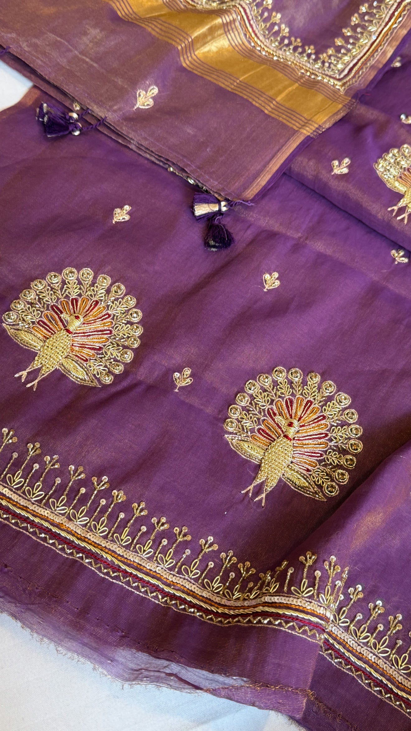 Deep purple mul cotton tissue silk hand embroidered kadhwa suit sets