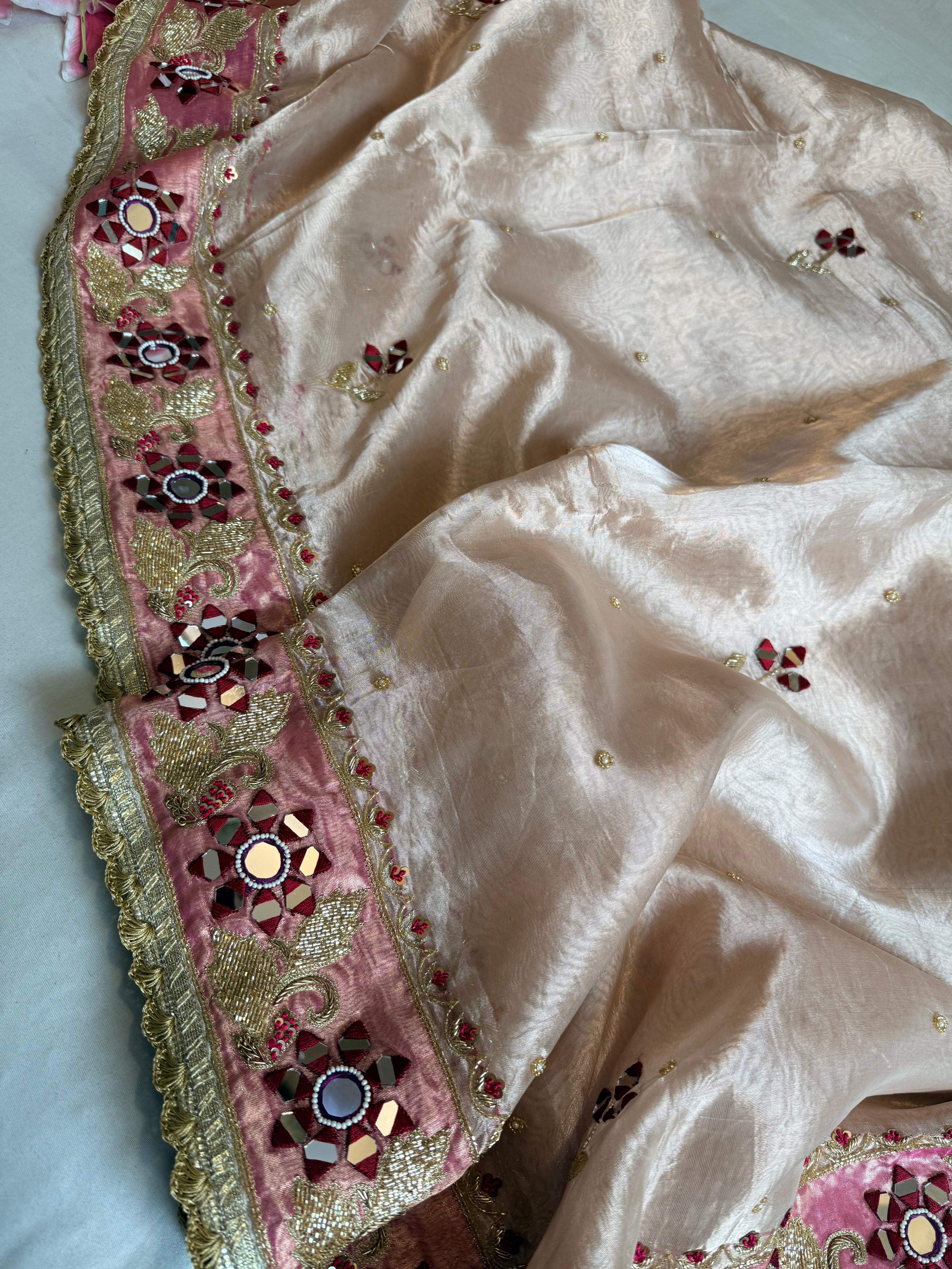 Dulhan wali saree edit copperish tissue silk hand embroidered saree