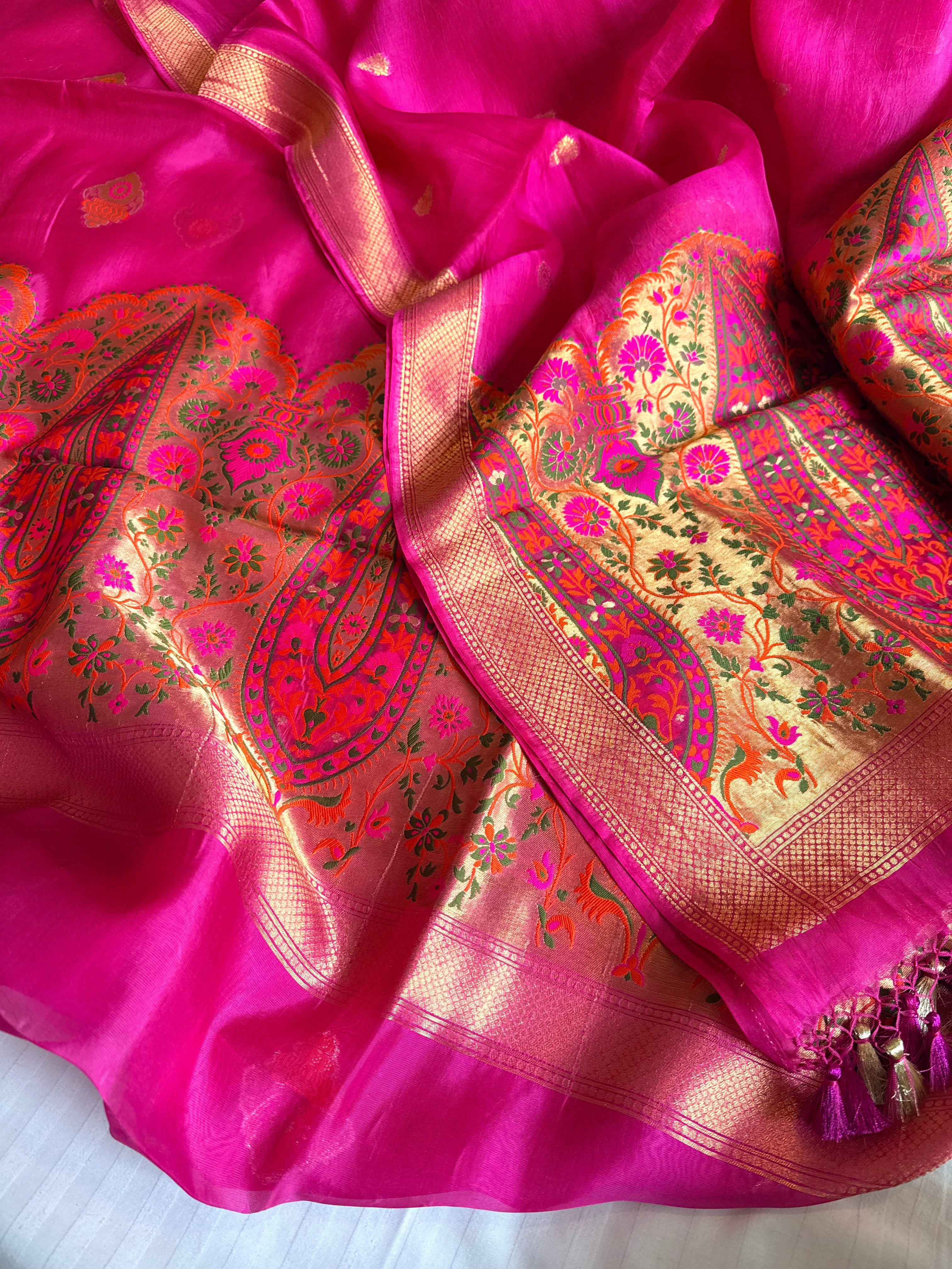 Butter silk banarasi hot pink meenakari kadhwa weaving suit set