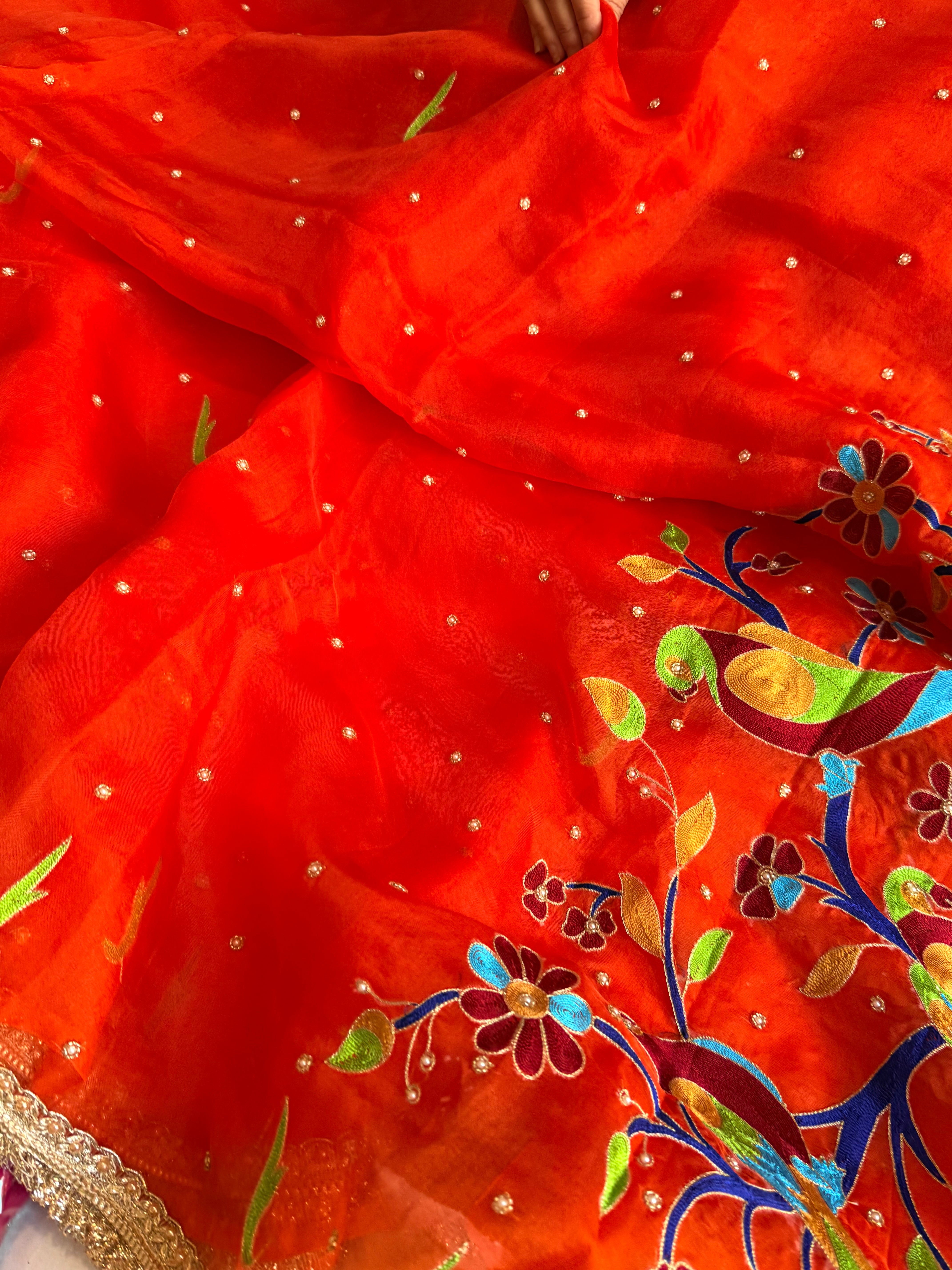 Blood red kora silk paithani meenakari hand embroidered saree