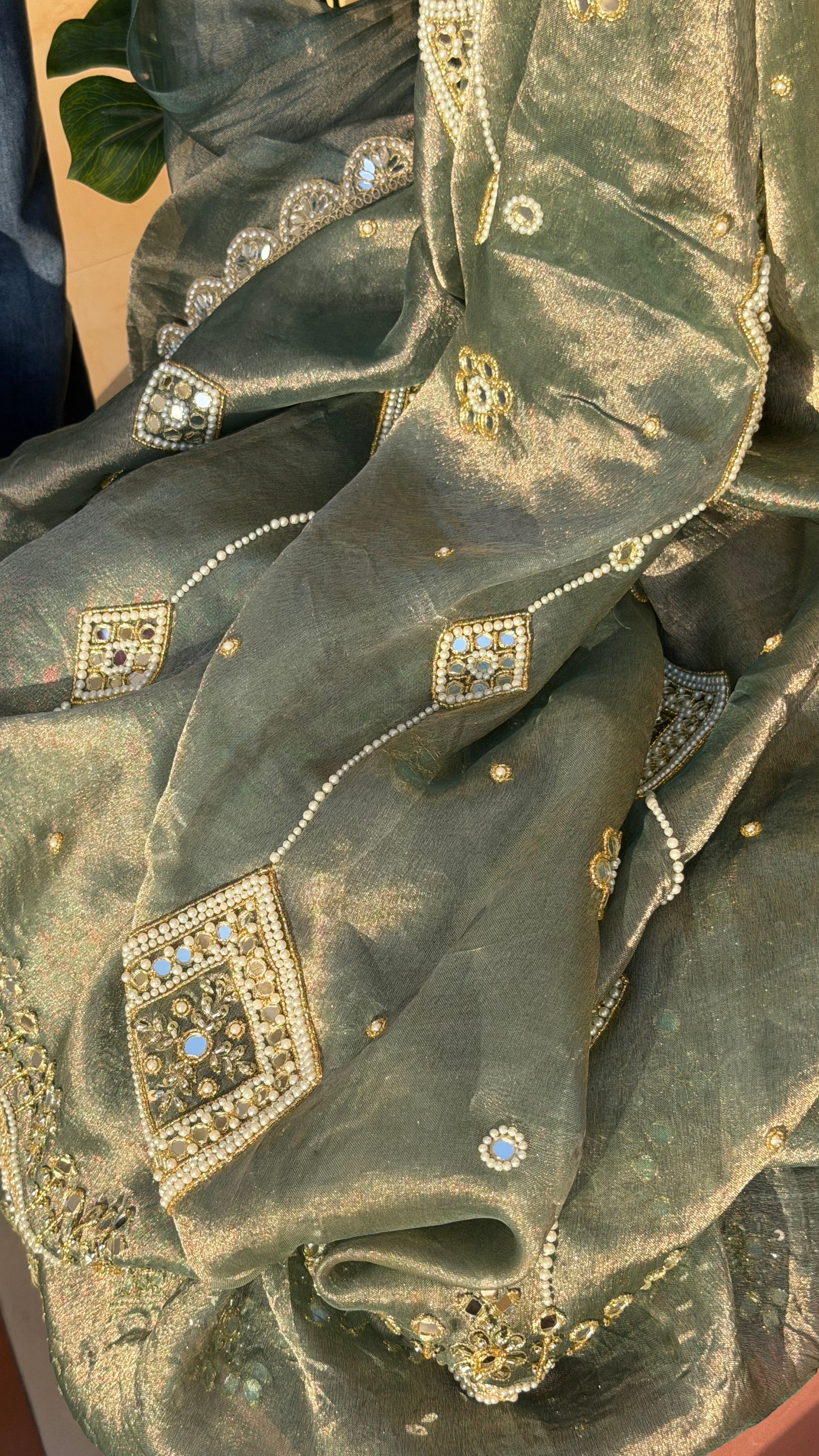 Coriander mint tissue silk pearlwork and mirrorwork hand embroidered saree