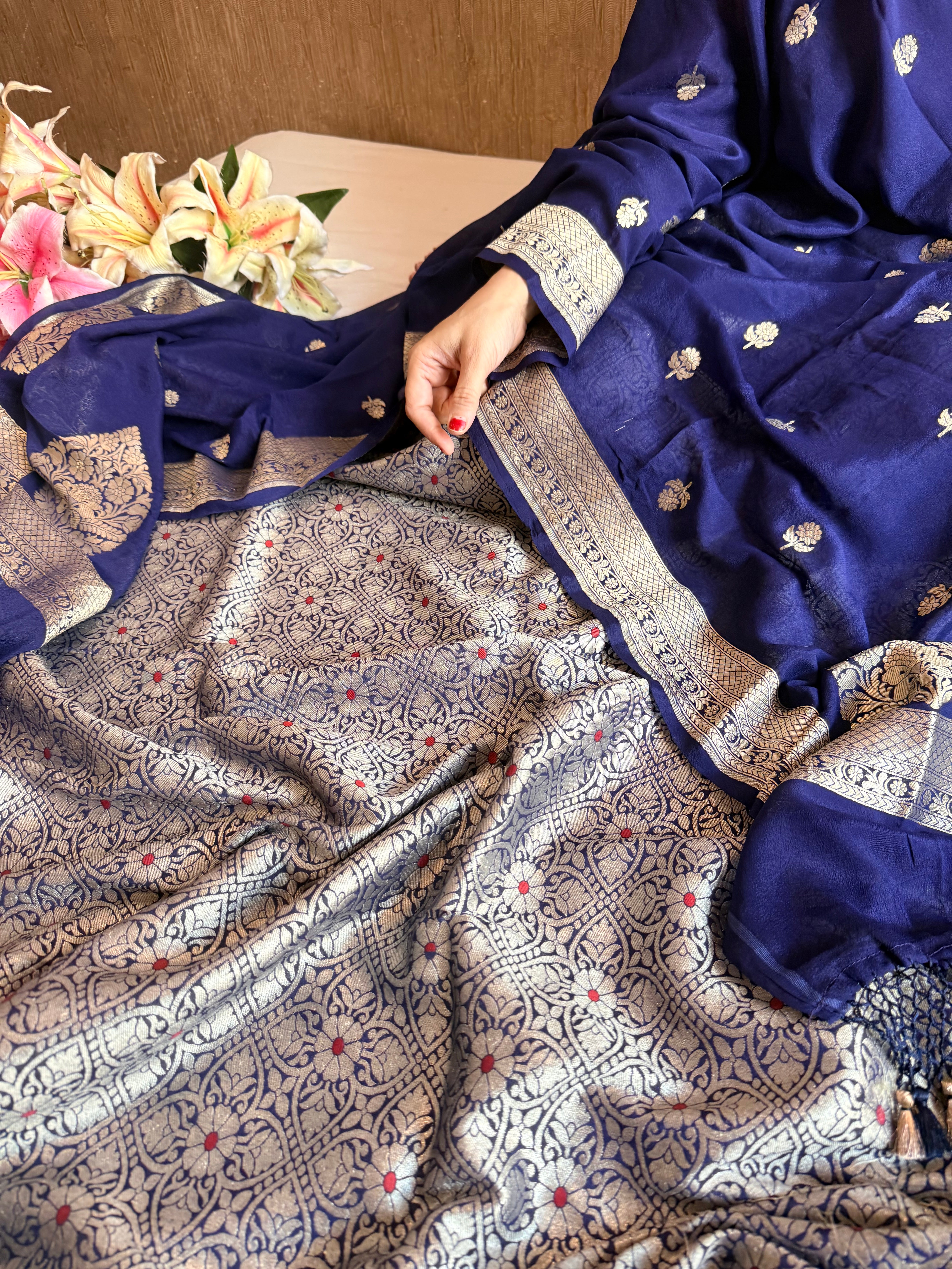 Navy blue moonga brocade ambose meenakari suit set