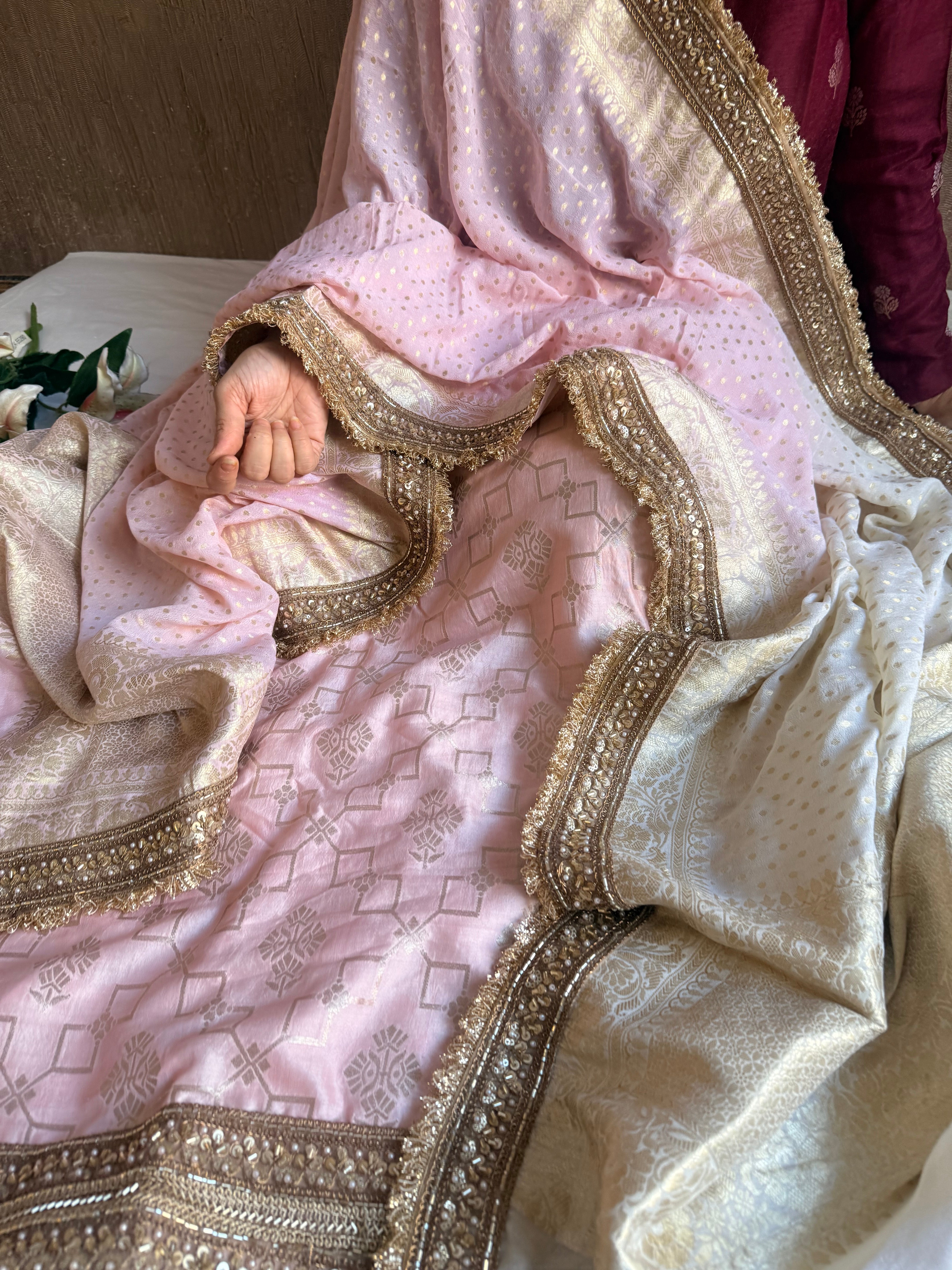 Blush pink - sage green moonga silk zardozi hand embroidered suit sets
