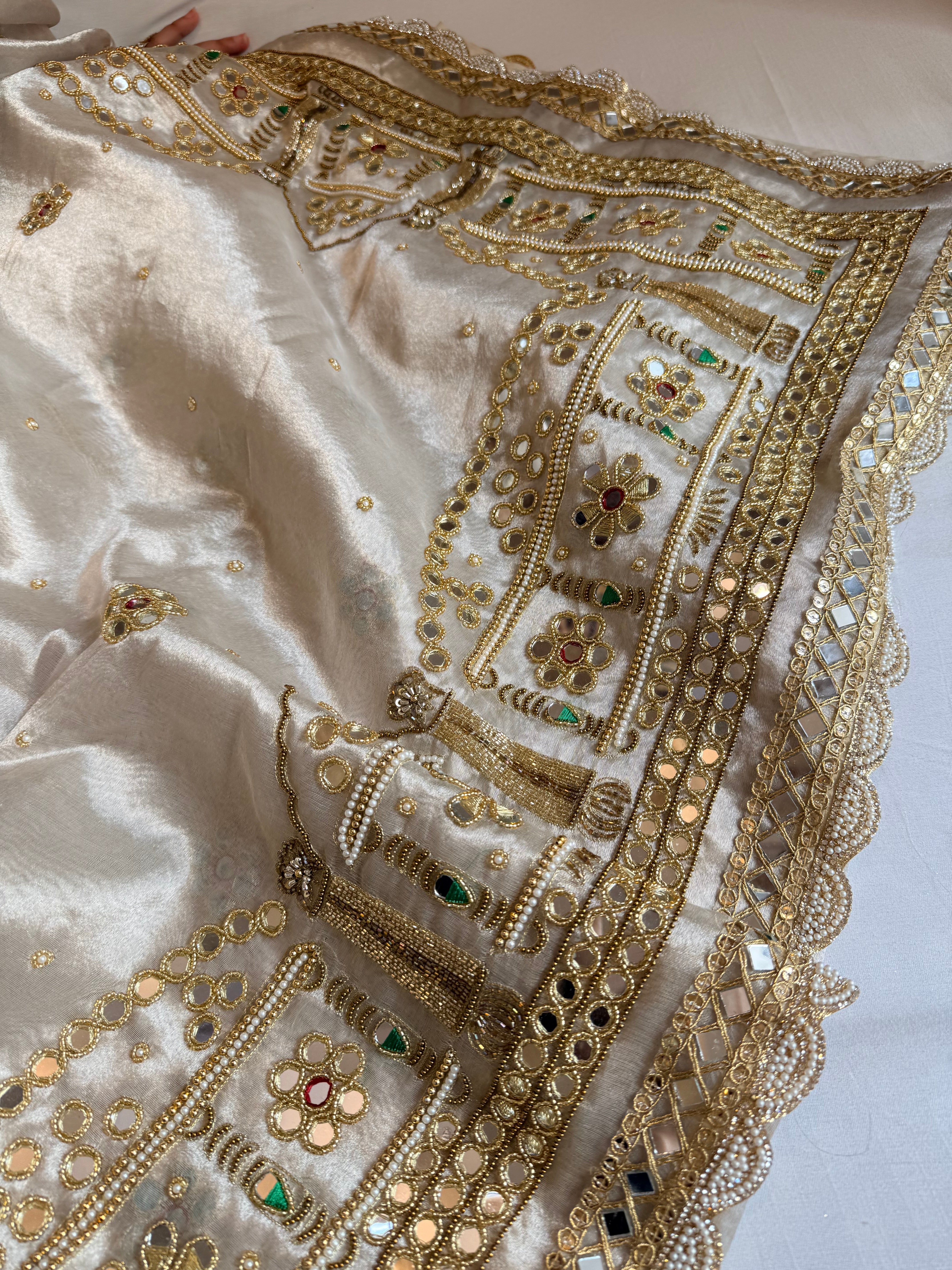 Hawamahal diamond tissue silk mirror work hand embroidered kadhwa saree