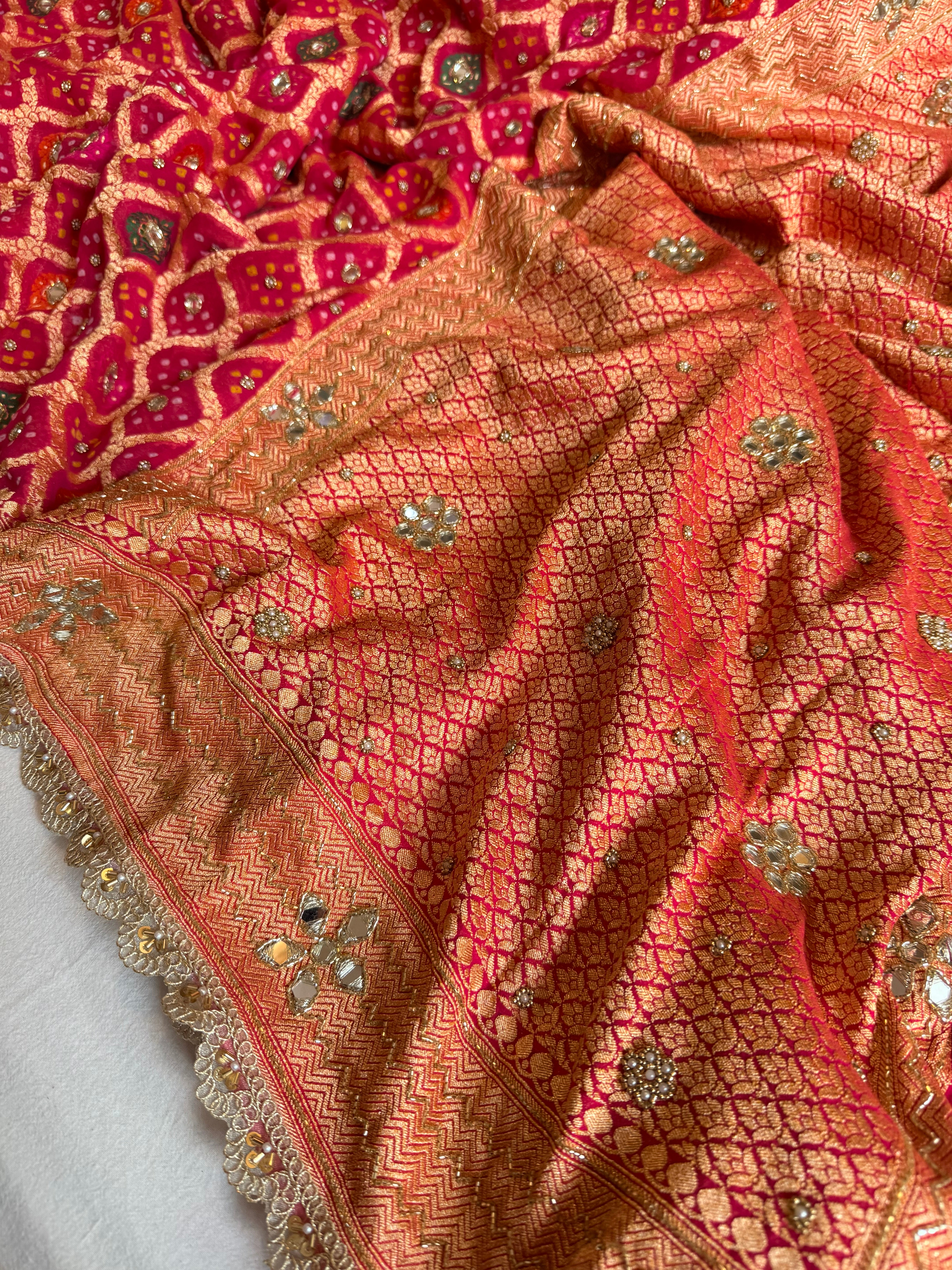 Banarasi chiffon gorgette rai bandhej kadhwa weaving hand embroidered saree