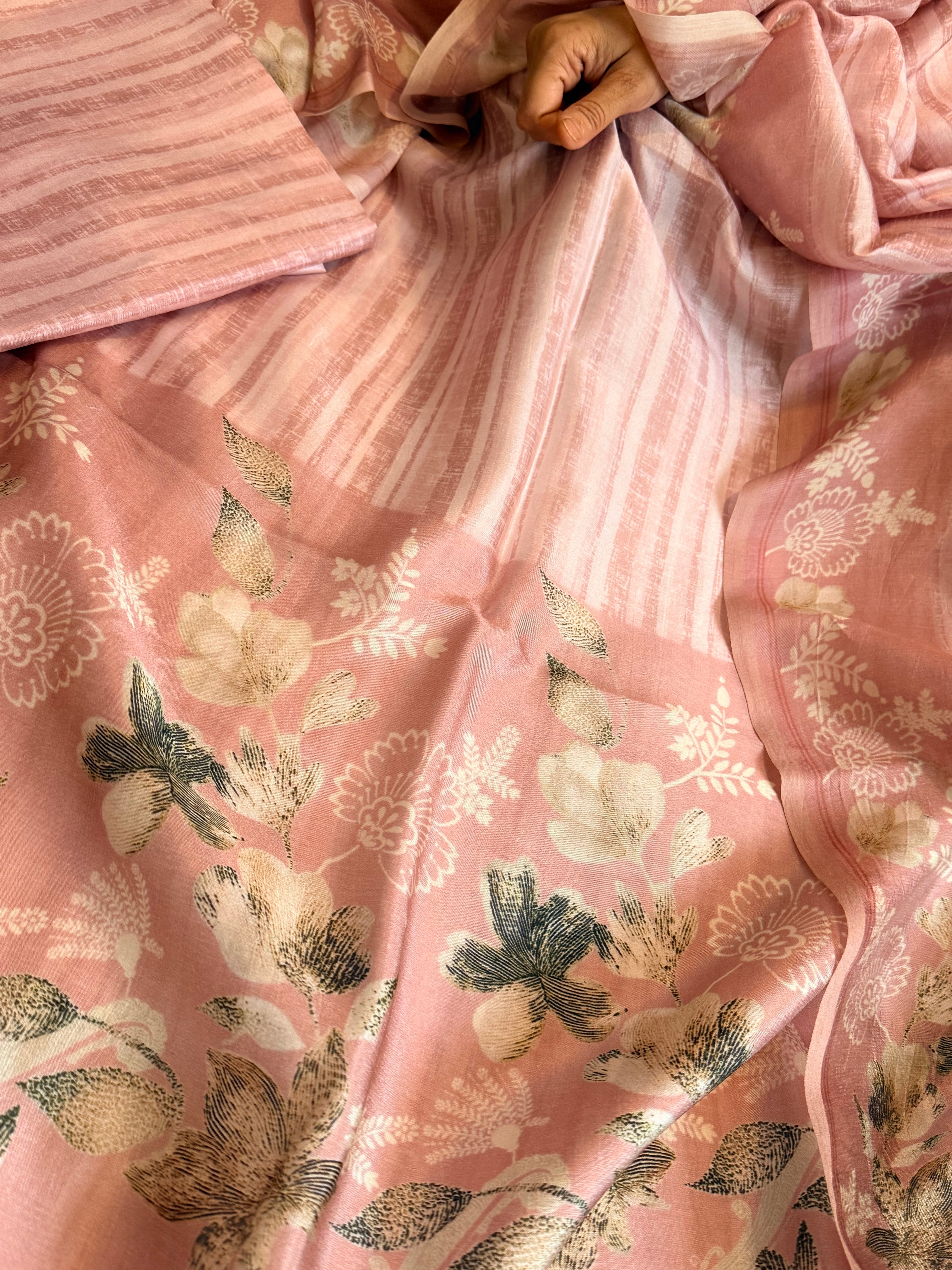 Printed spun chiniya silk kadhwa weaving suit set