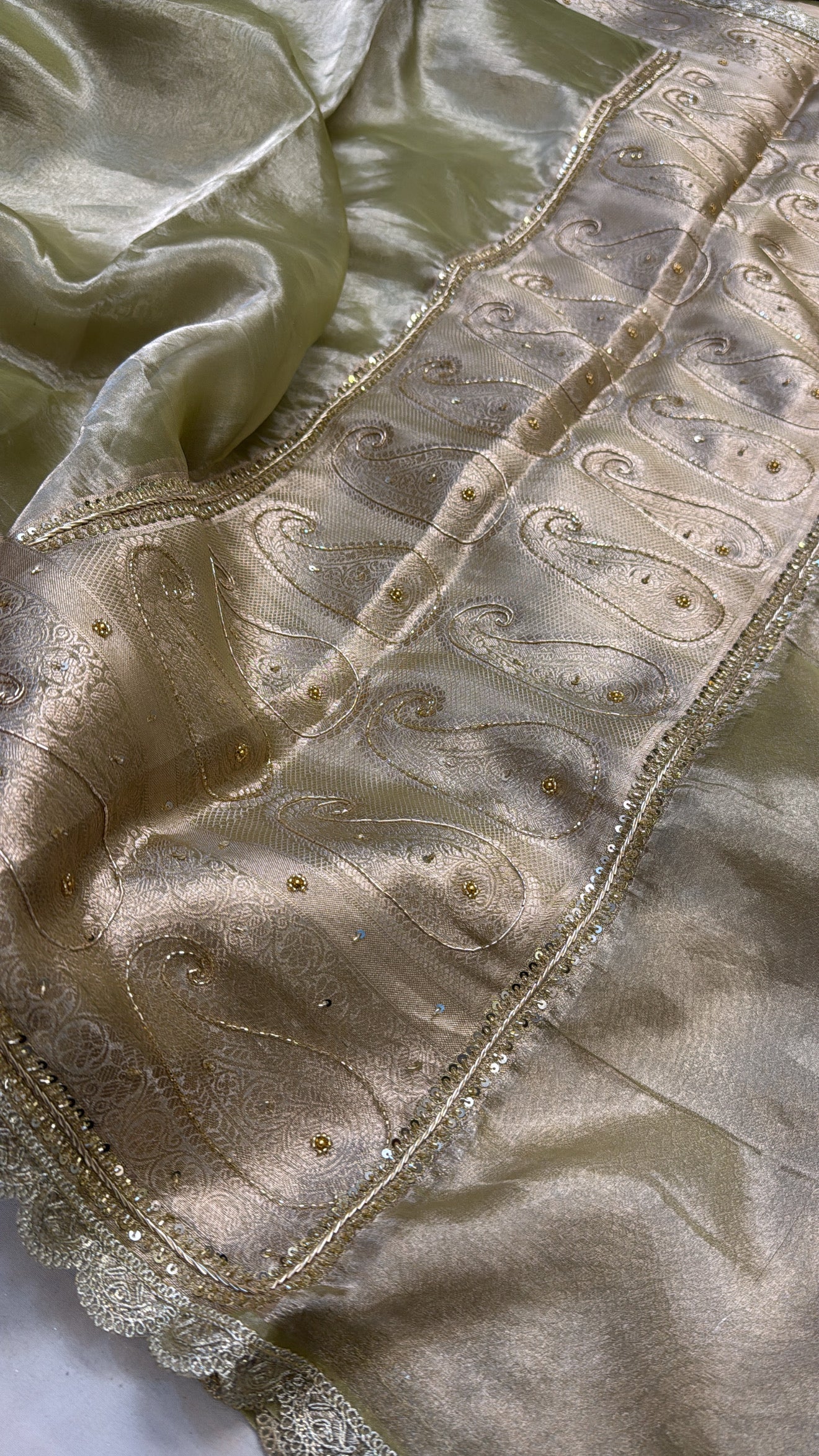 Mint green tissue silk hand zardozi work embroidered kadhwa saree