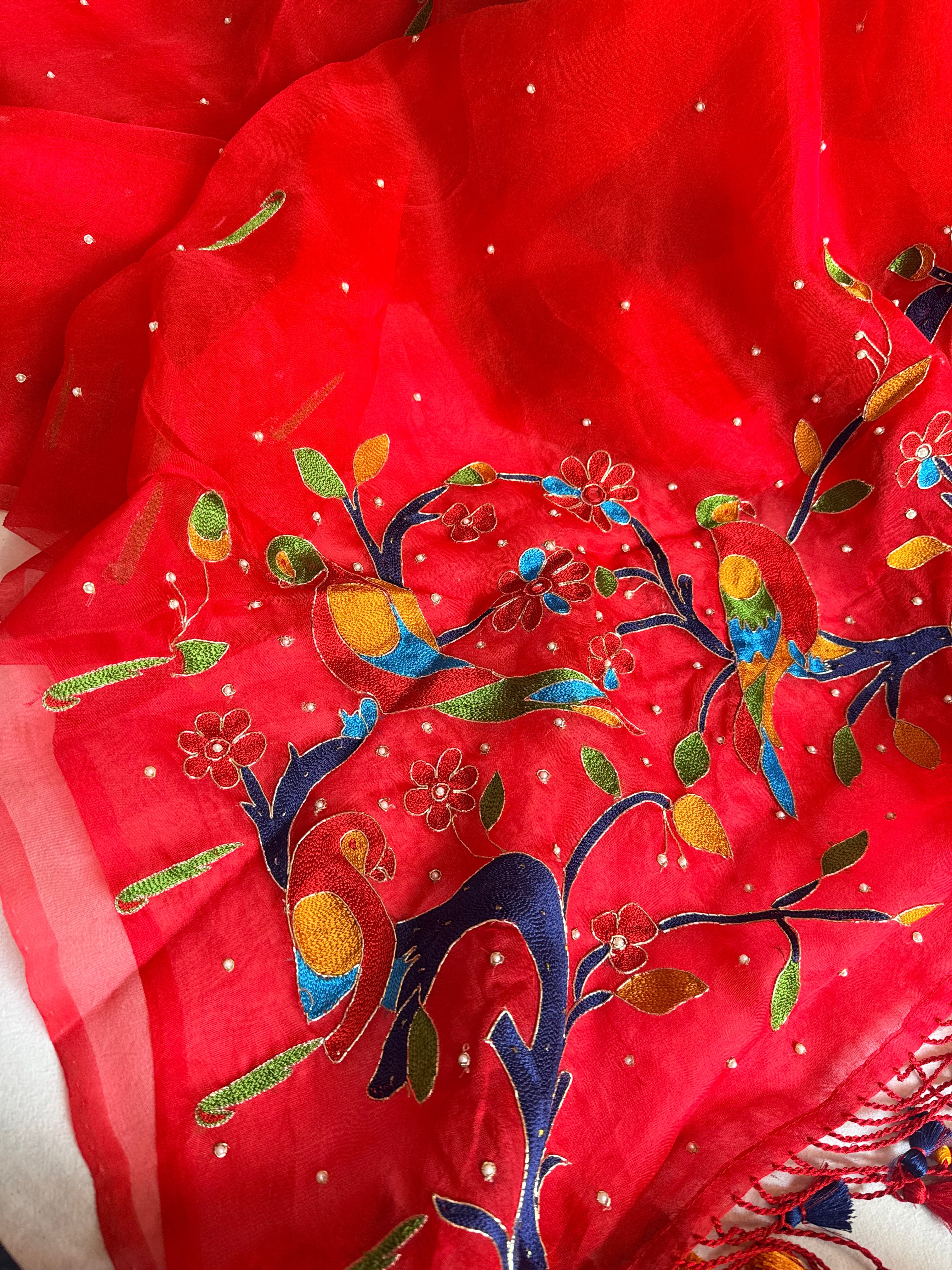 Kora silk blood red paithani design inspired hand embroidered saree