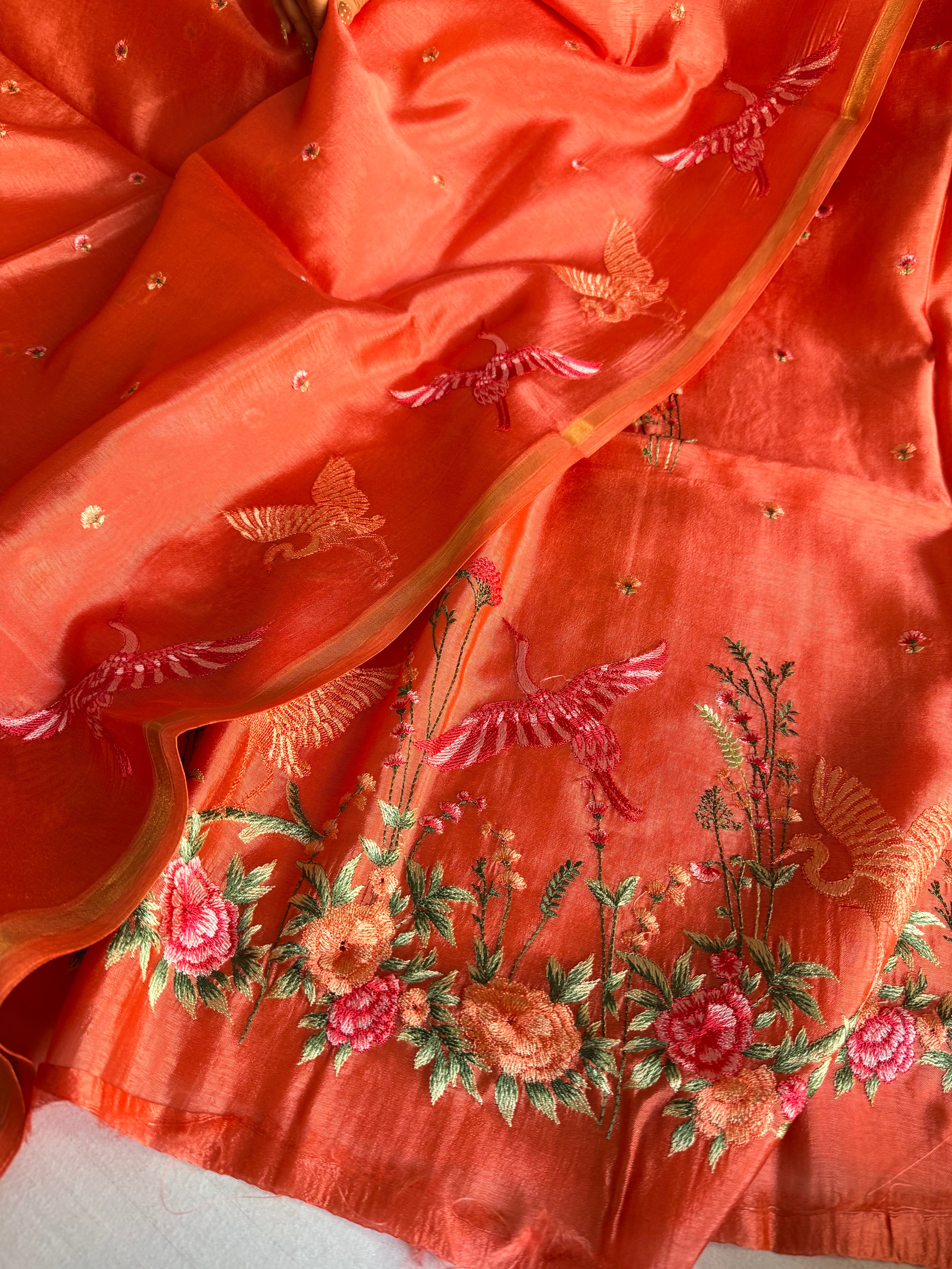Suits under 10k - Spun chiniya silk parsi gara hand embroidered suit set