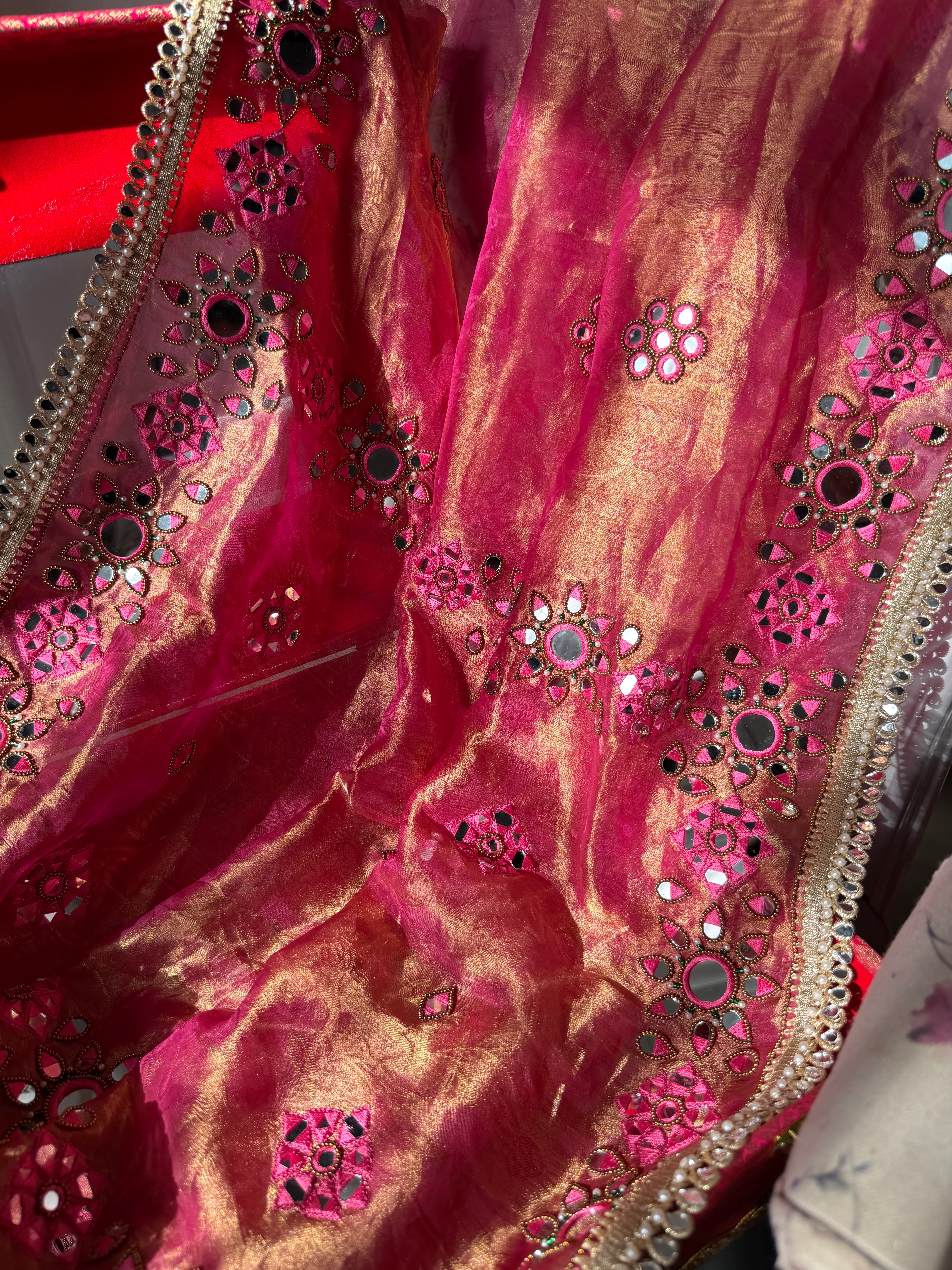 Desi barbie pink tissue tanchoi mirrorwork banarasi kadhwa saree