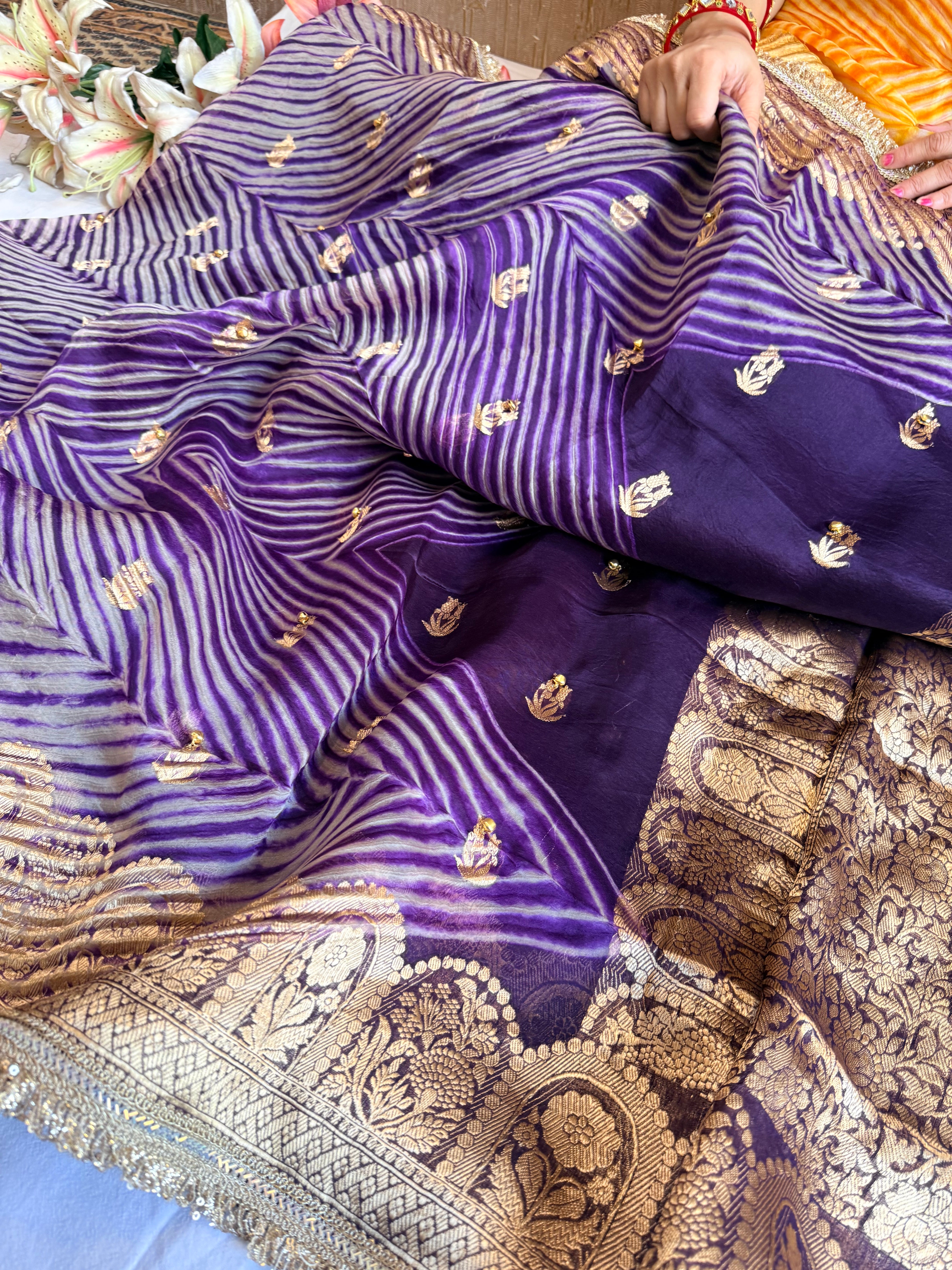 Brinjal purple banarasi kora silk arshi dyed kadhwa saree