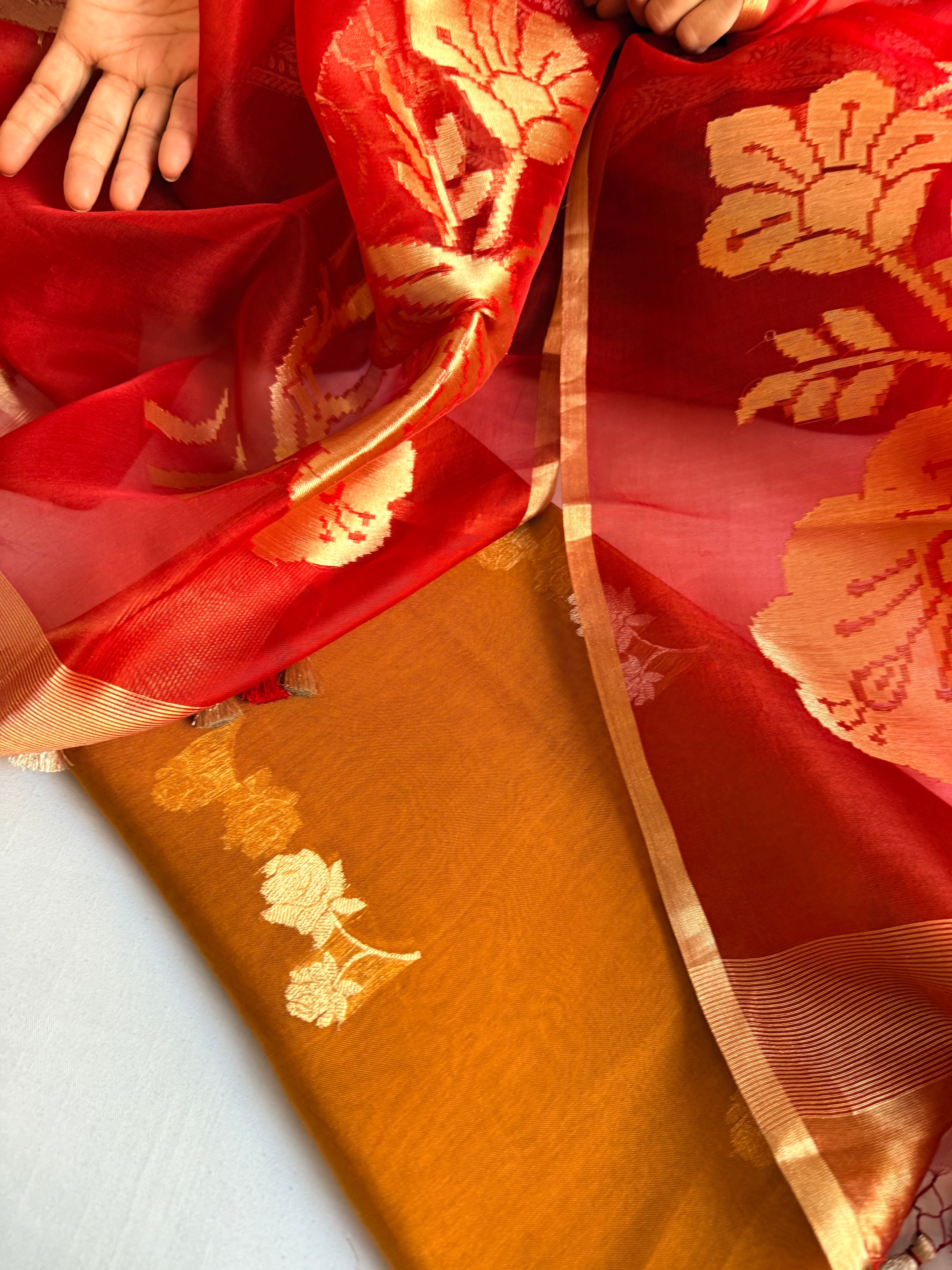 Peacock motif kora silk kadhwa mustard-red combination suit set