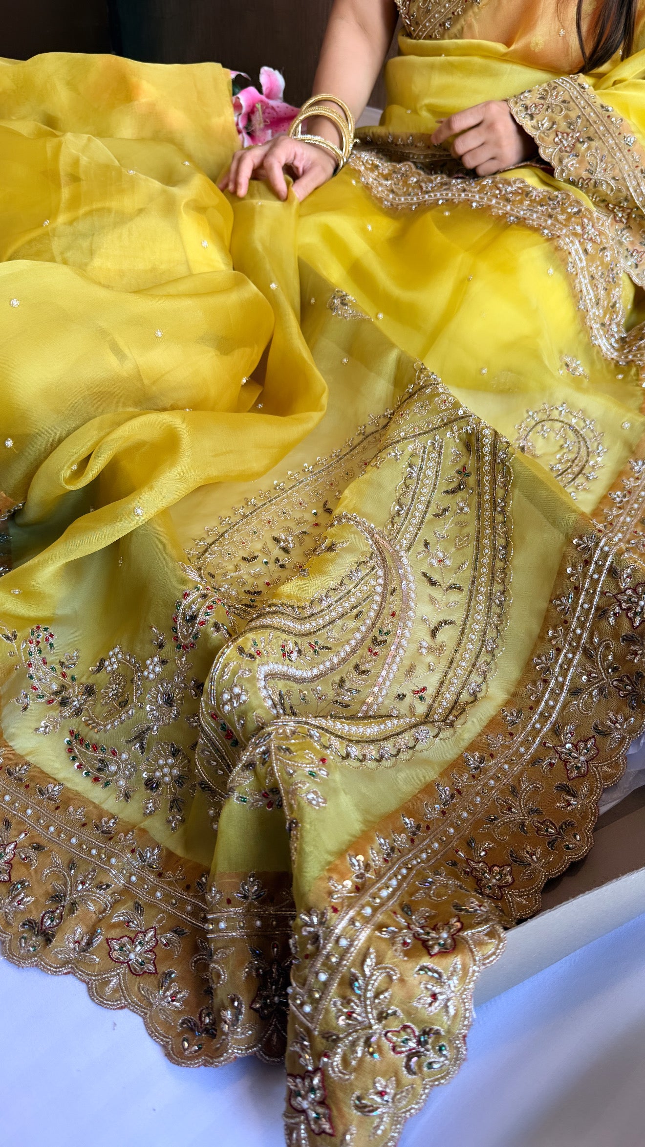 Mummy ki purani wali saree edit - Pineapple yellow kora silk kadhwa hand embroidered saree
